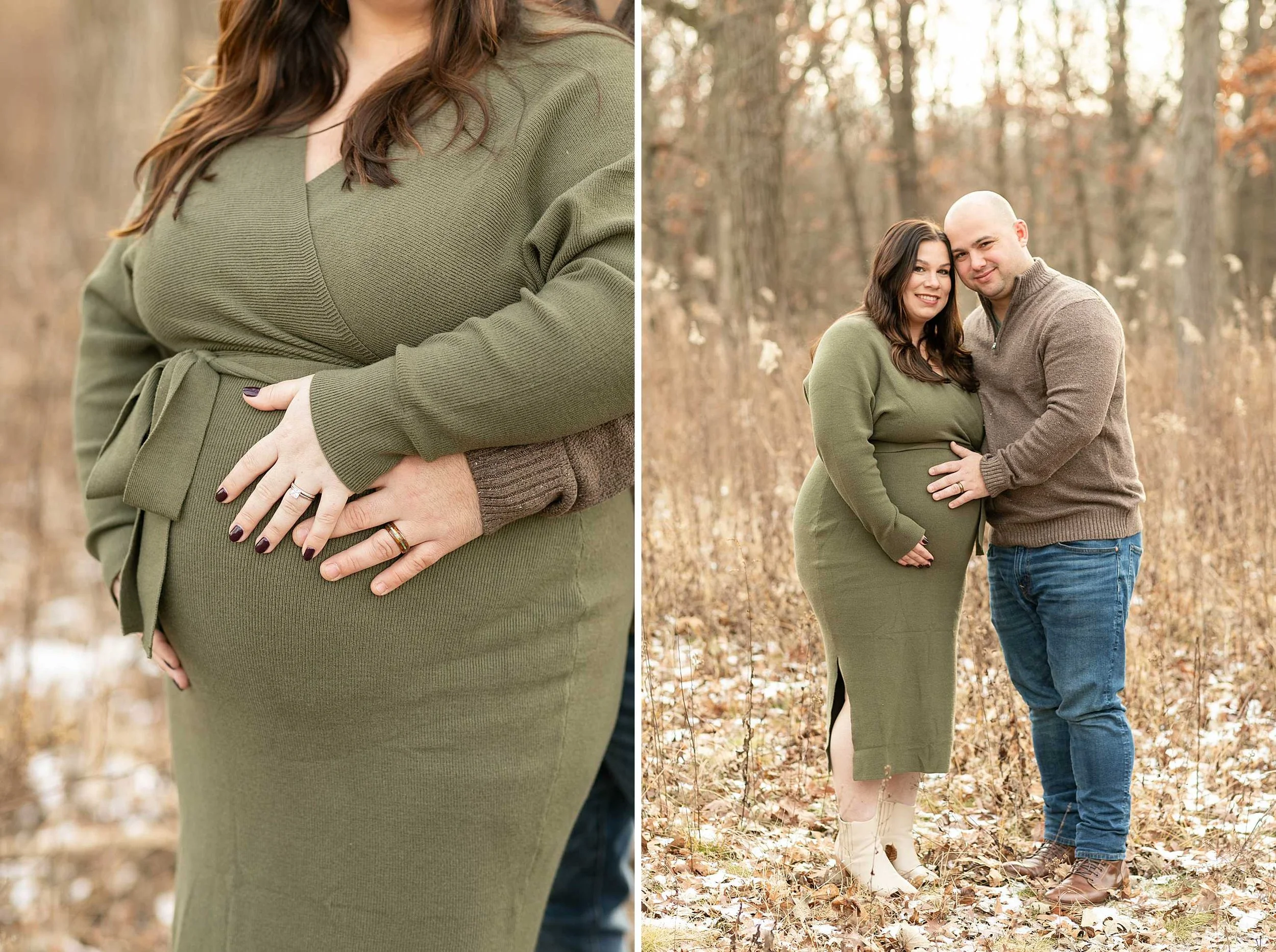 Winter woods maternity session at Goodenow grove in Beecher illinois