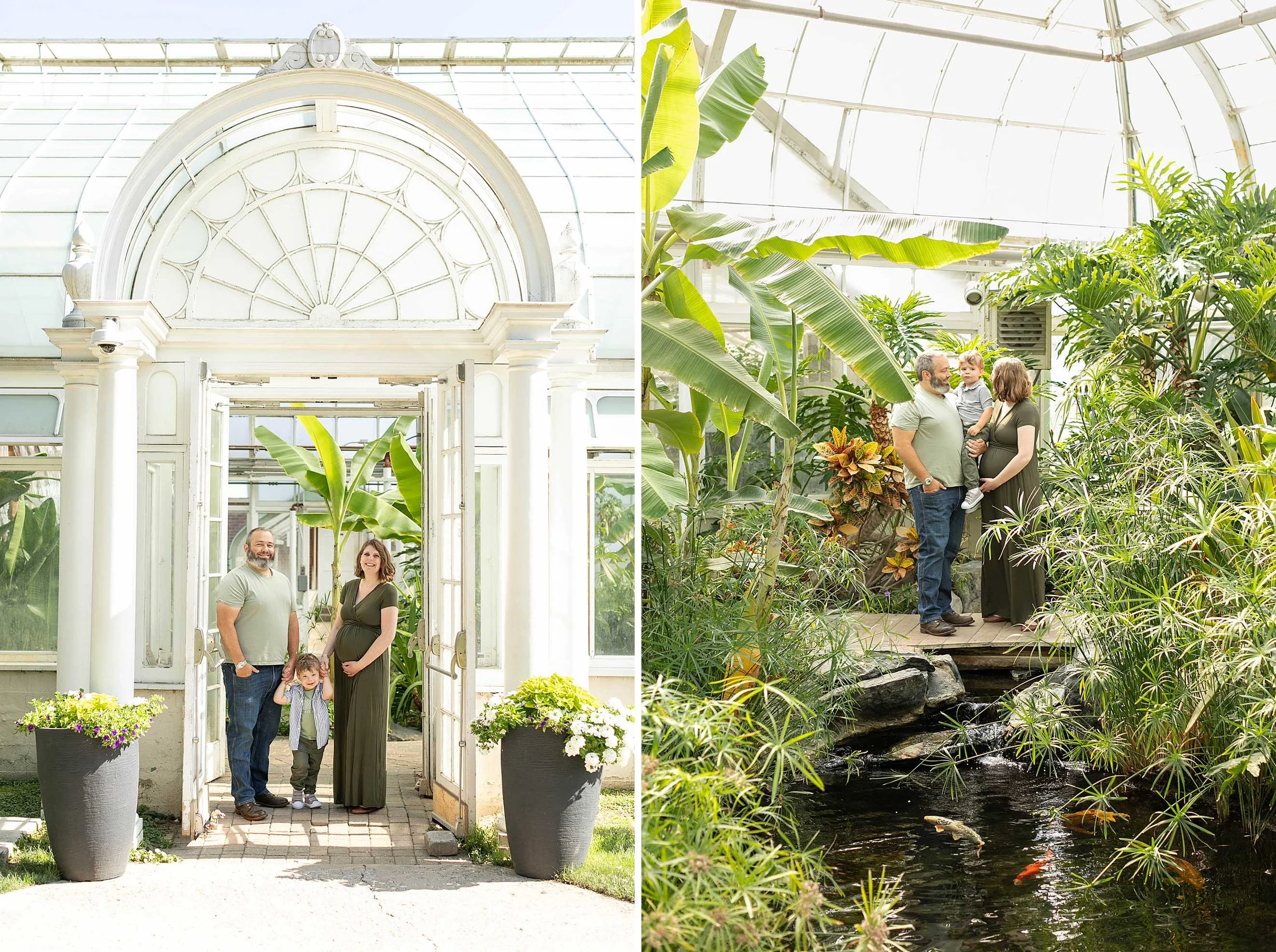Bird haven greenhouse maternity family photos at pilcher park in joliet illinois