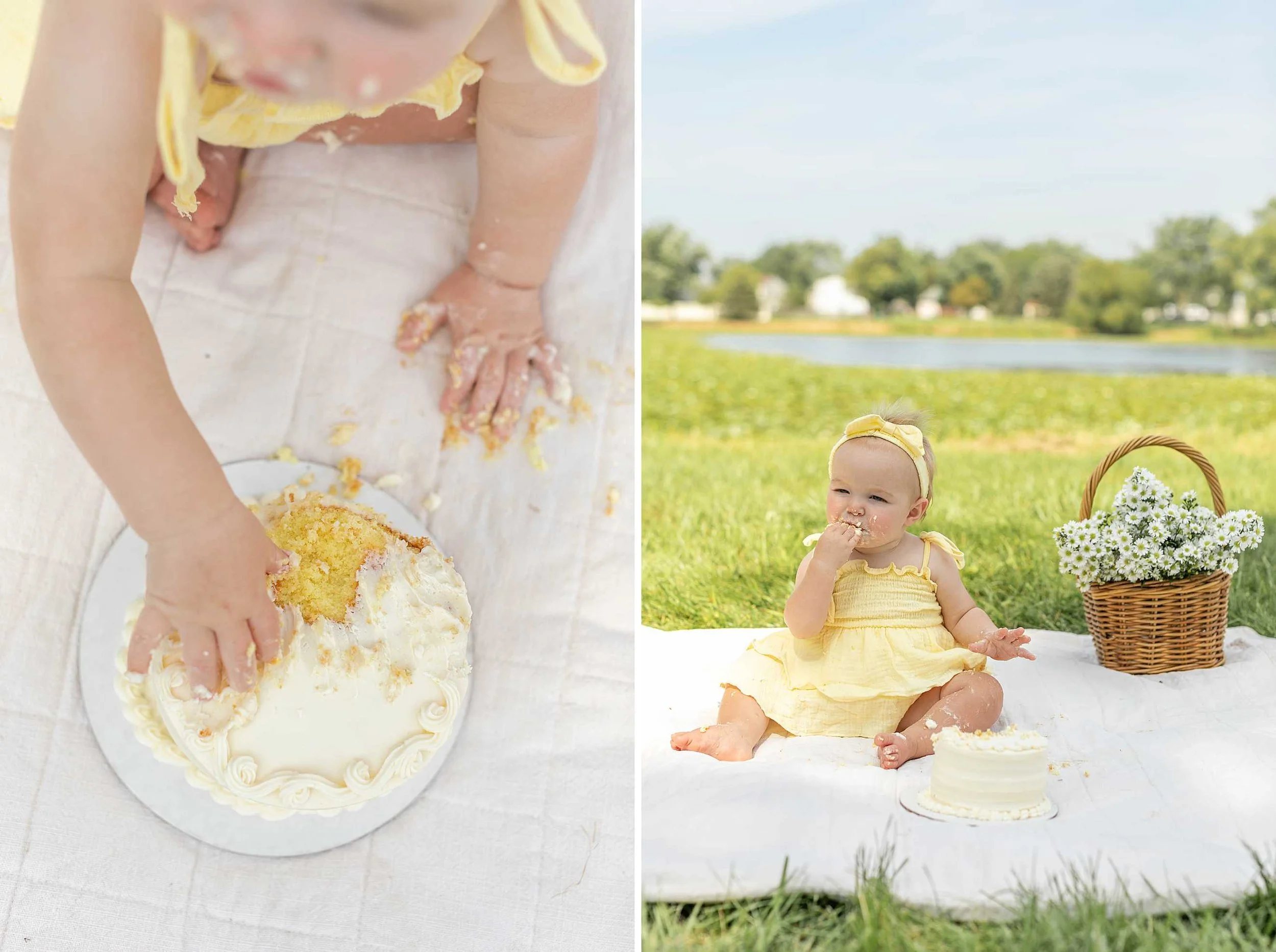 Butter yellow daisy first birthday cake smash Frankfort Illinois