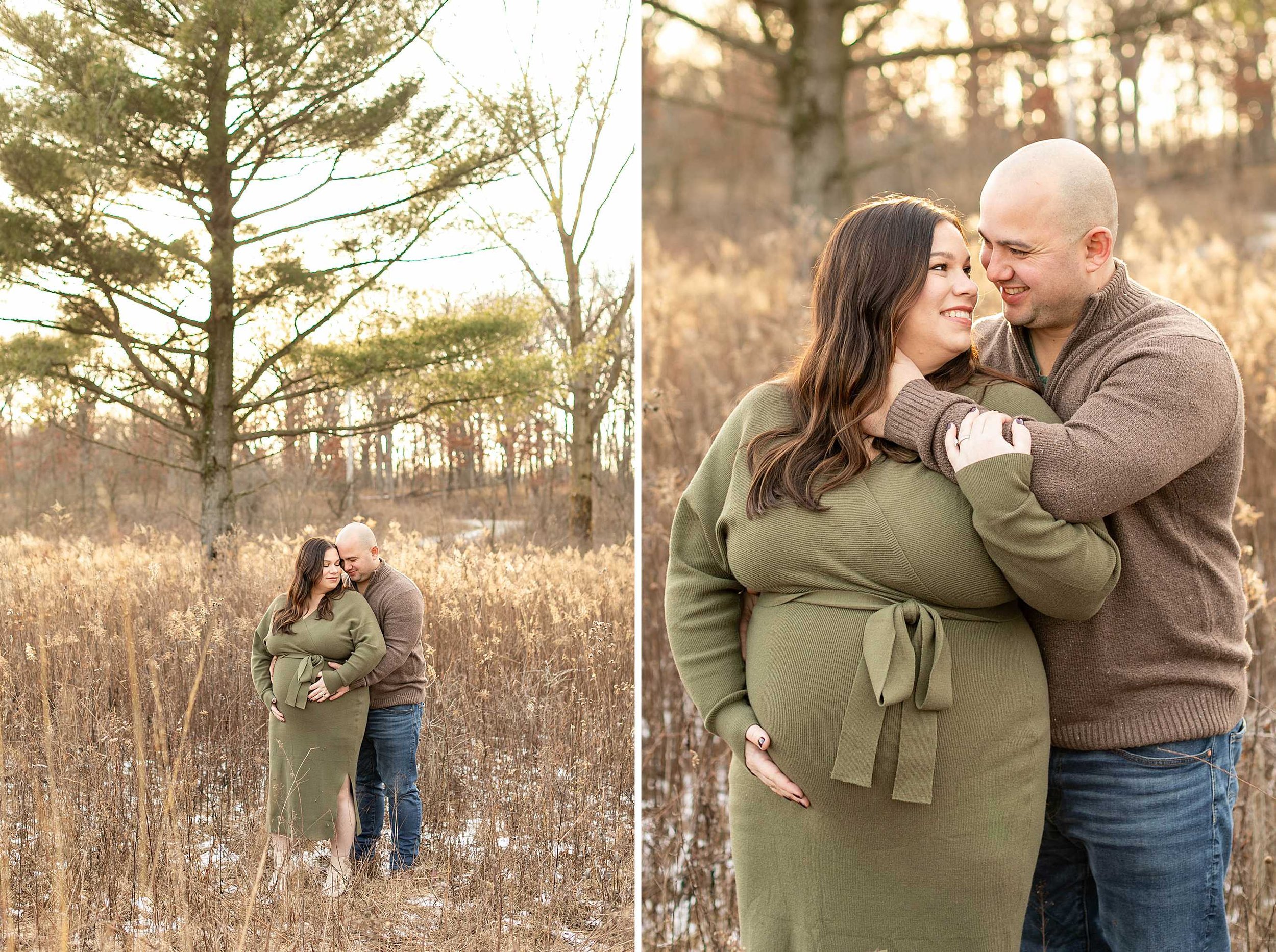 Winter woods maternity session at Goodenow grove in Beecher illinois