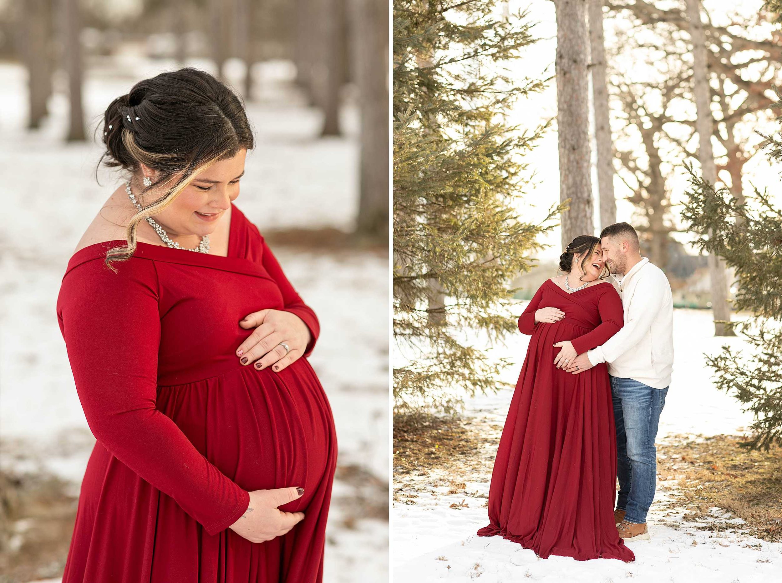 Snowy winter maternity session at evergreen park in Lowell Indiana