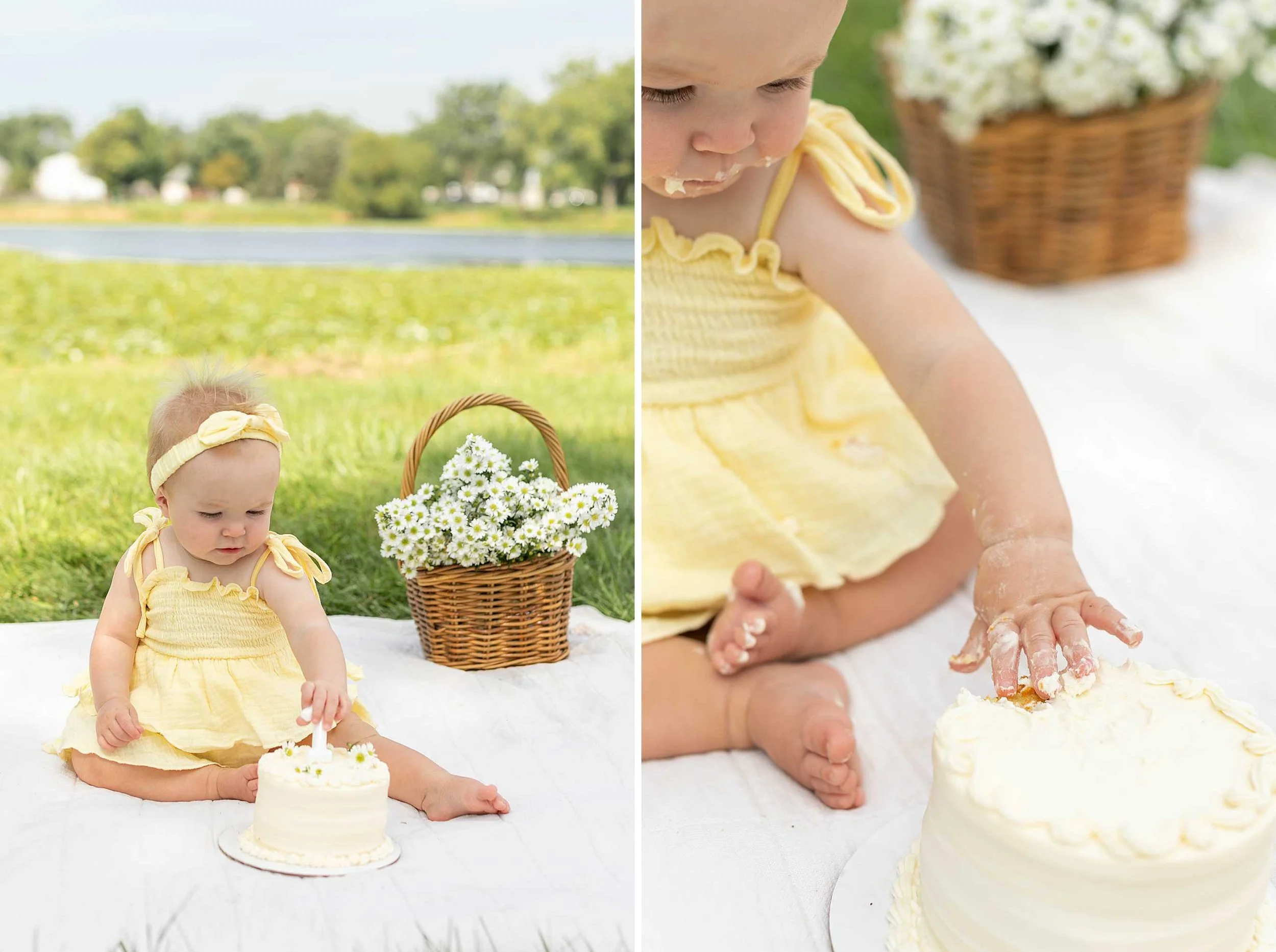Butter yellow daisy first birthday cake smash Frankfort Illinois