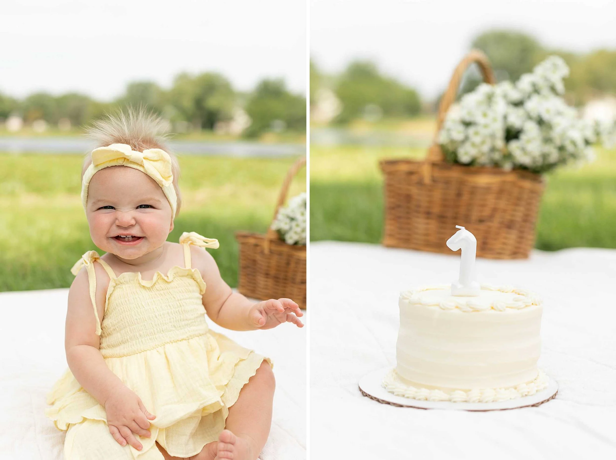 Butter yellow daisy first birthday cake smash Frankfort Illinois