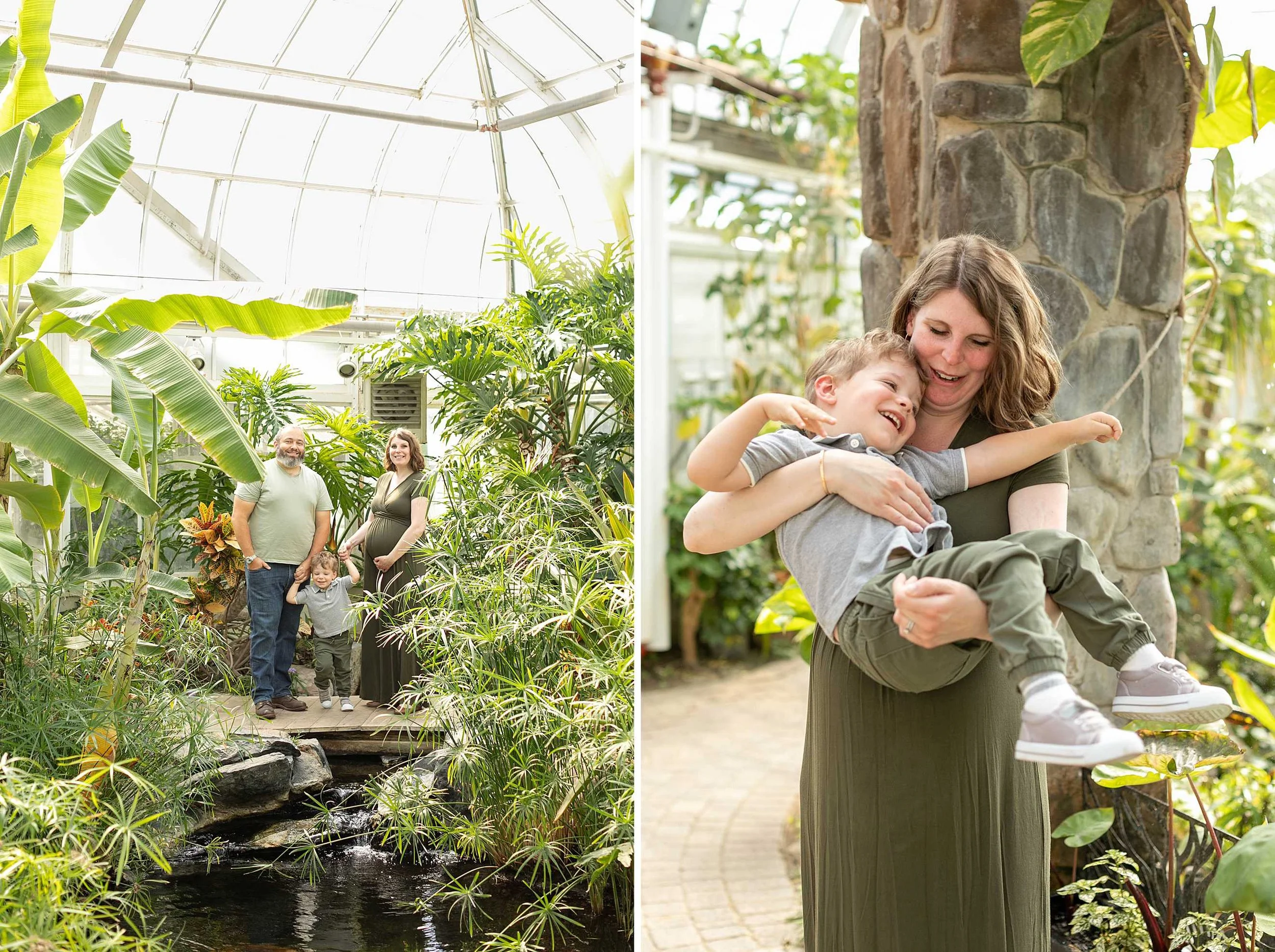 Bird haven greenhouse maternity family photos at pilcher park in joliet illinois