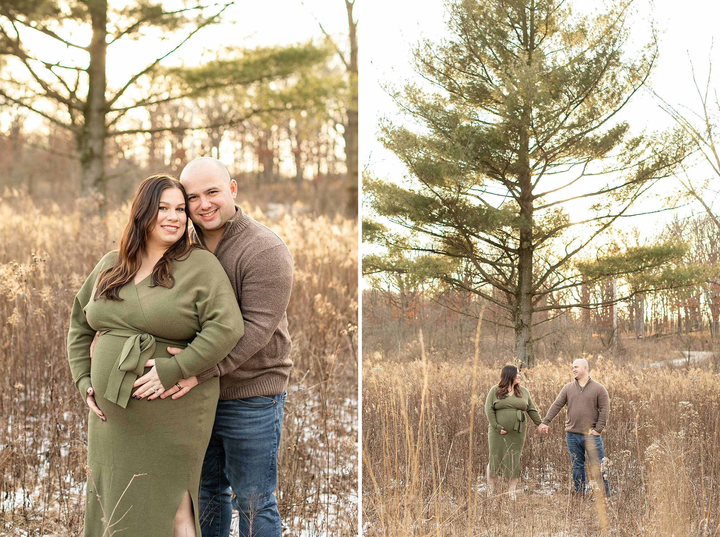 Winter woods maternity session at Goodenow grove in Beecher illinois