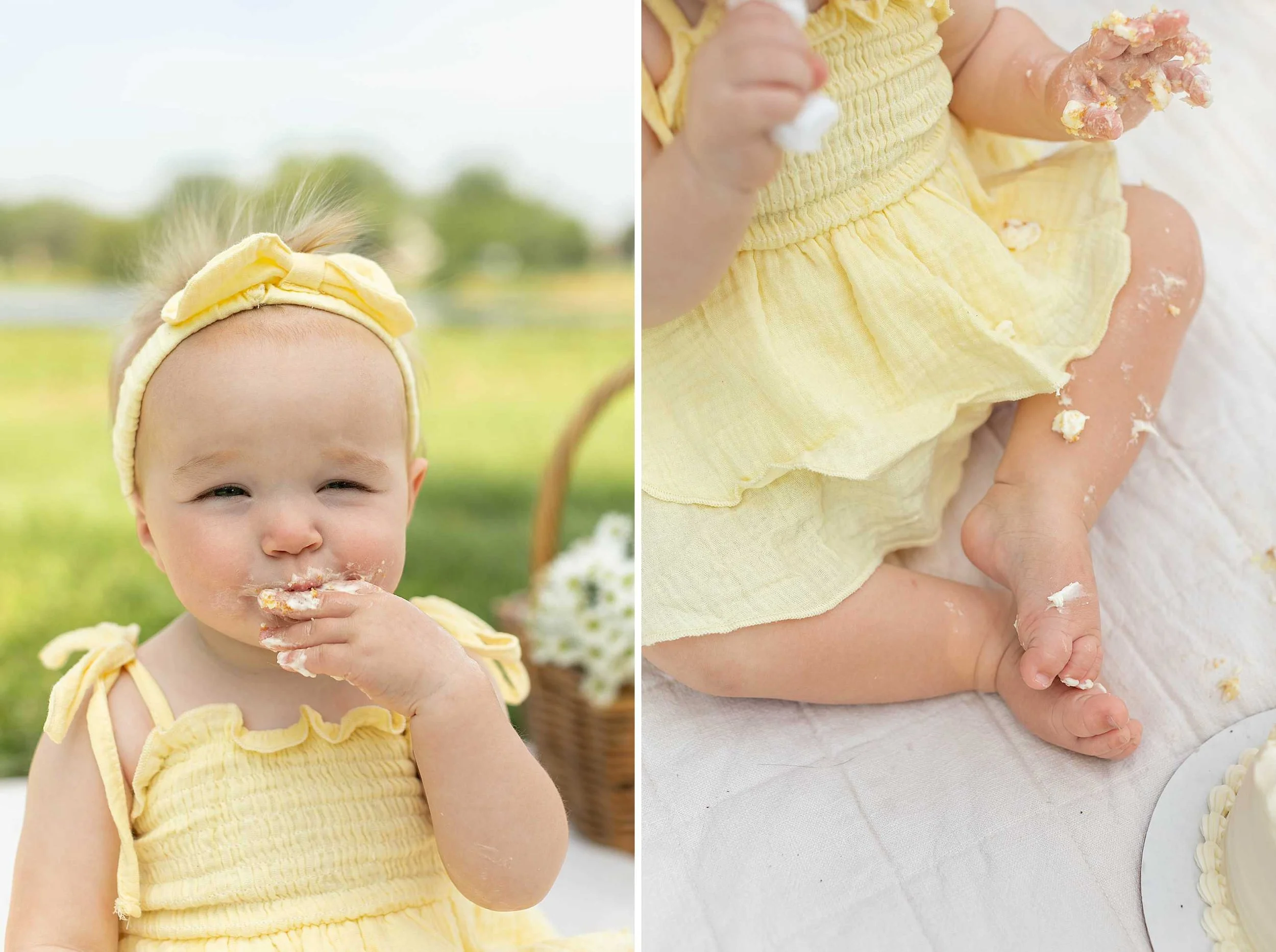 Butter yellow daisy first birthday cake smash Frankfort Illinois