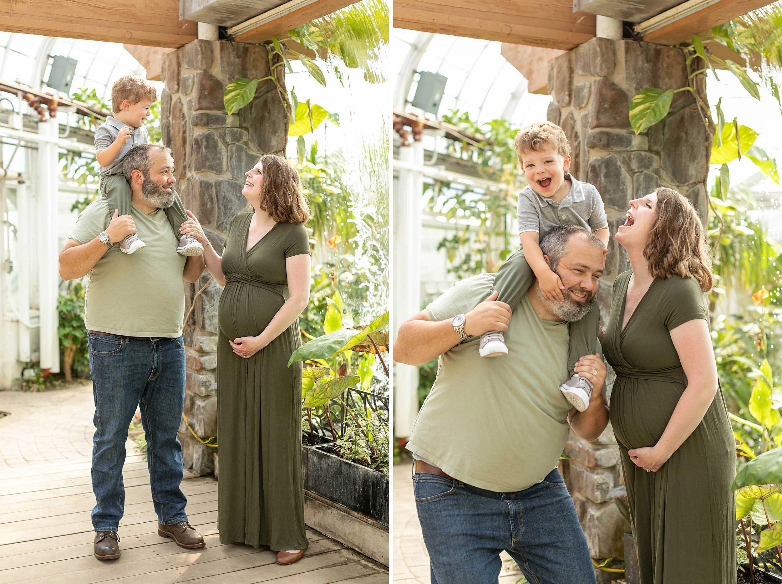 Bird haven greenhouse maternity family photos at pilcher park in joliet illinois