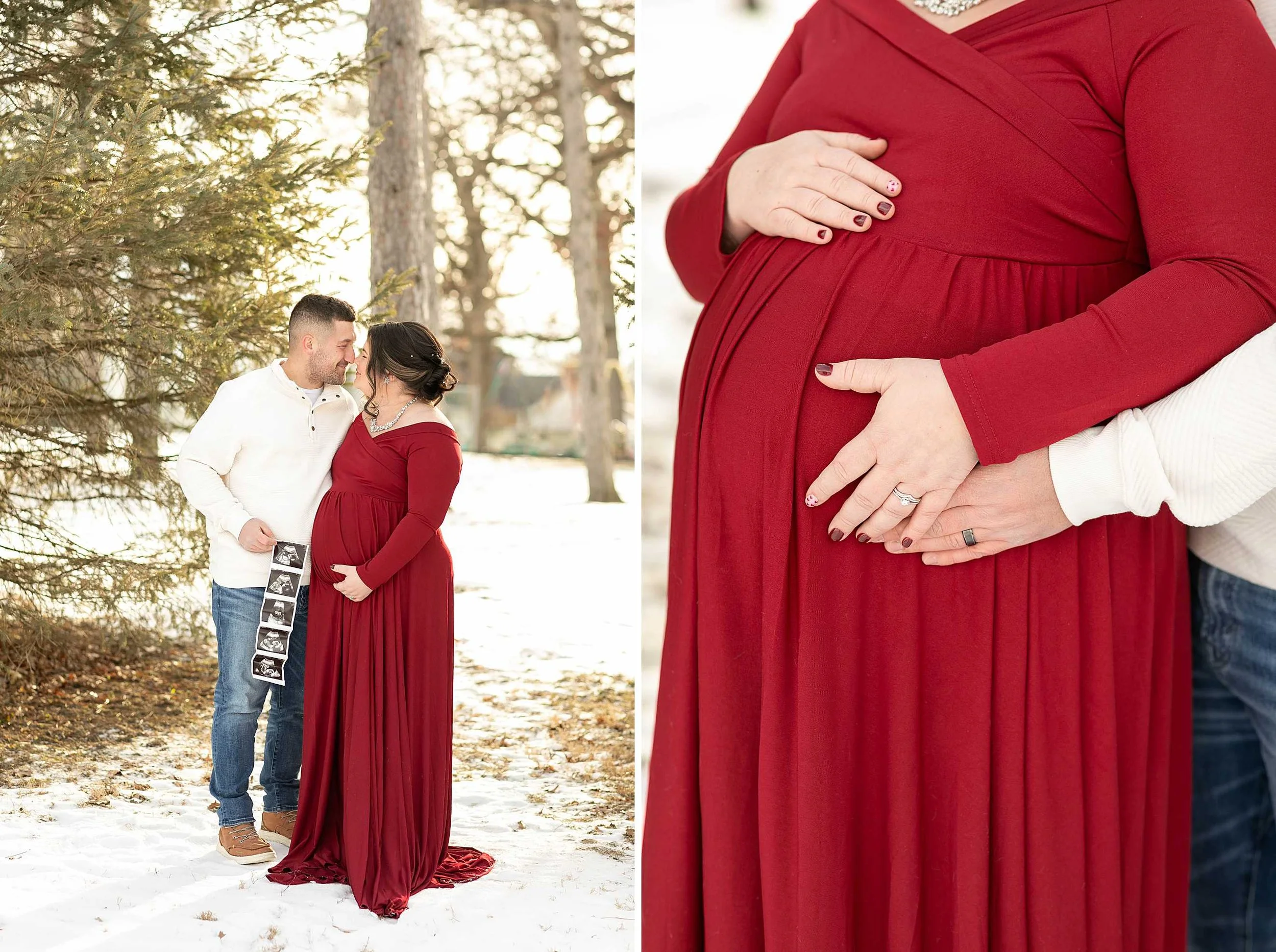 Snowy winter maternity session at evergreen park in Lowell Indiana