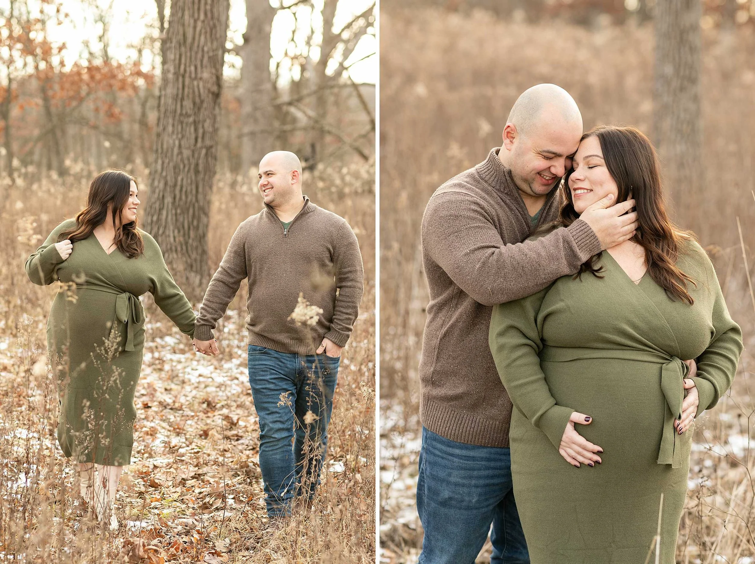 Winter woods maternity session at Goodenow grove in Beecher illinois