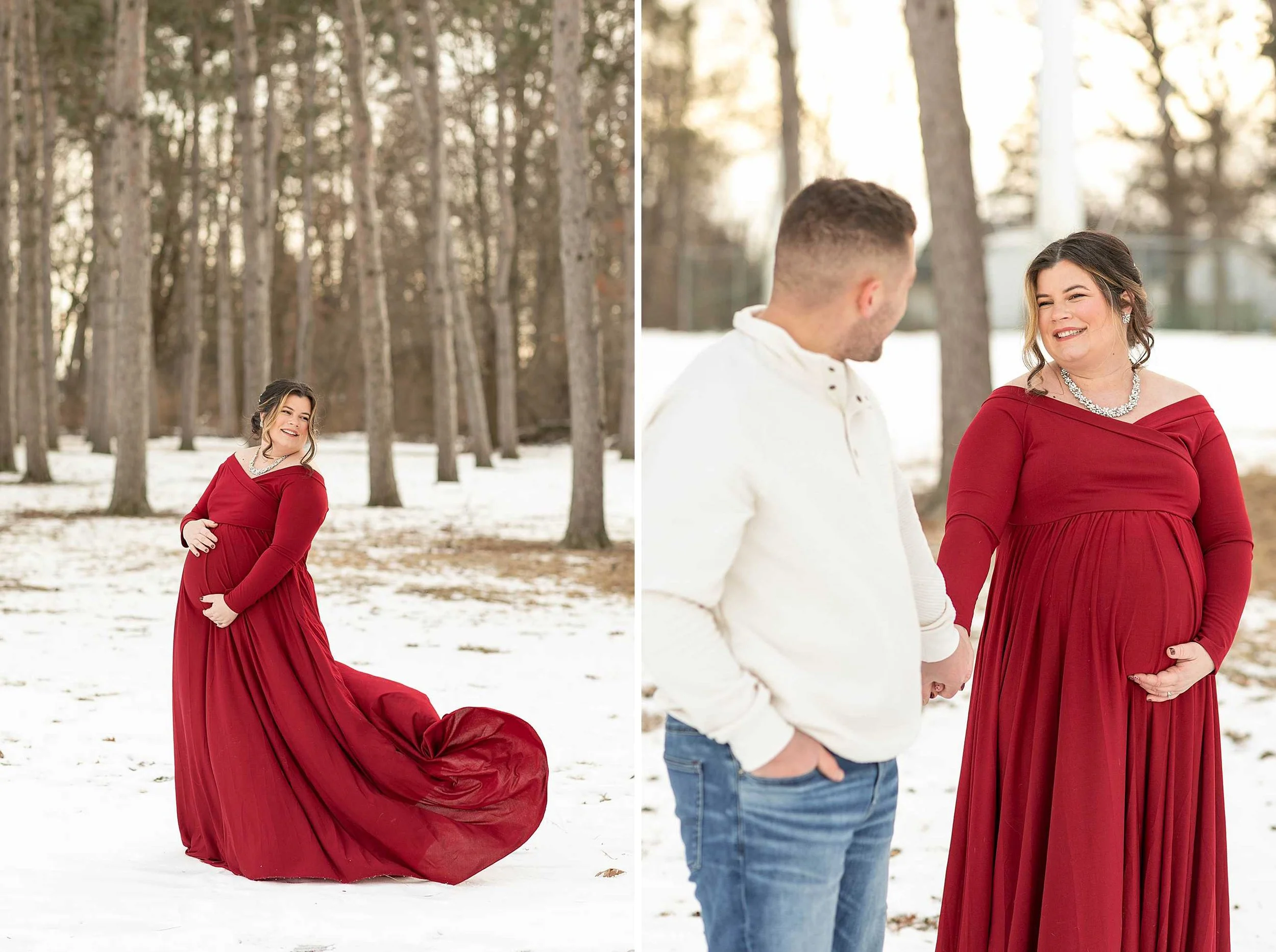 Snowy winter maternity session at evergreen park in Lowell Indiana