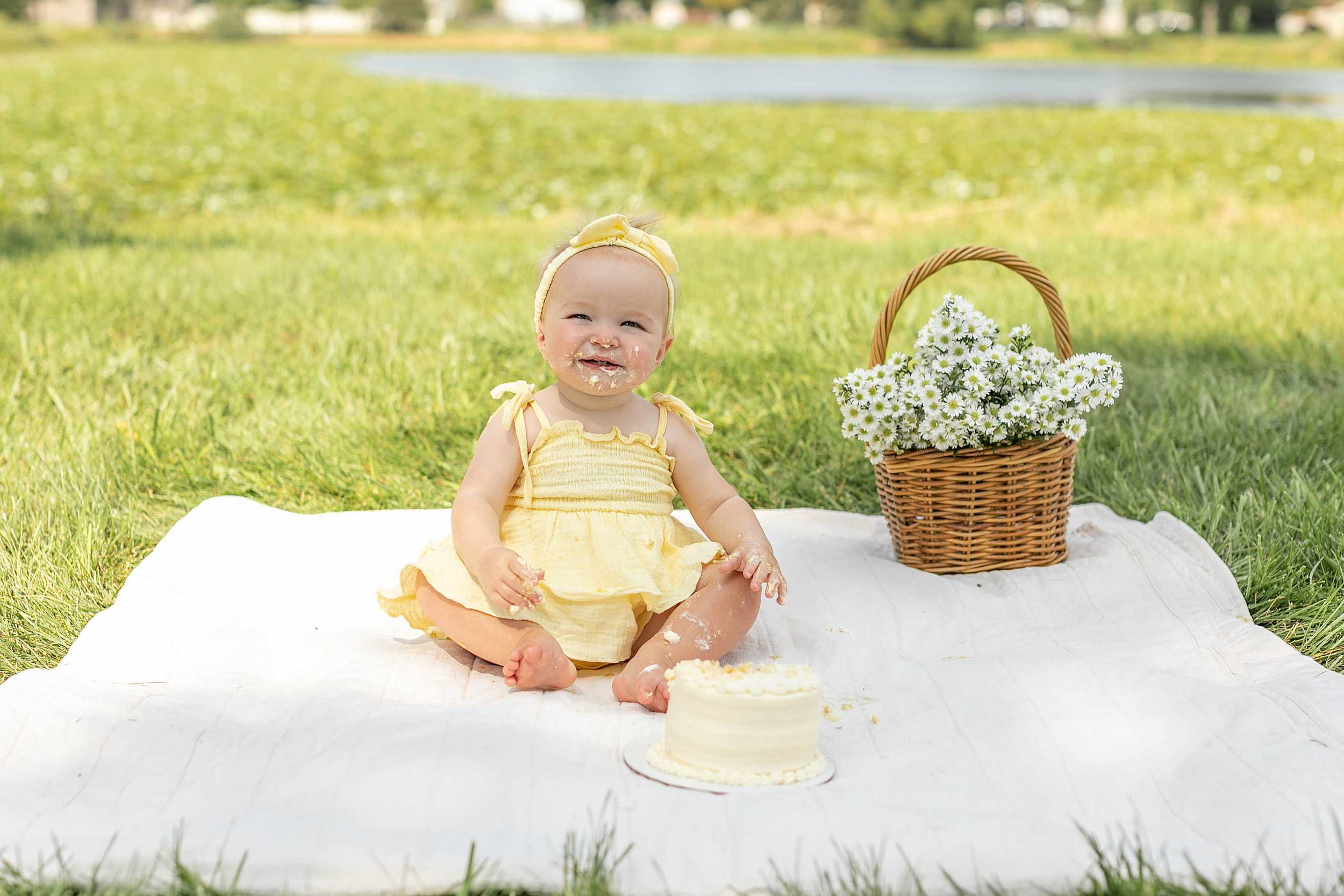 Butter yellow daisy first birthday cake smash Frankfort Illinois