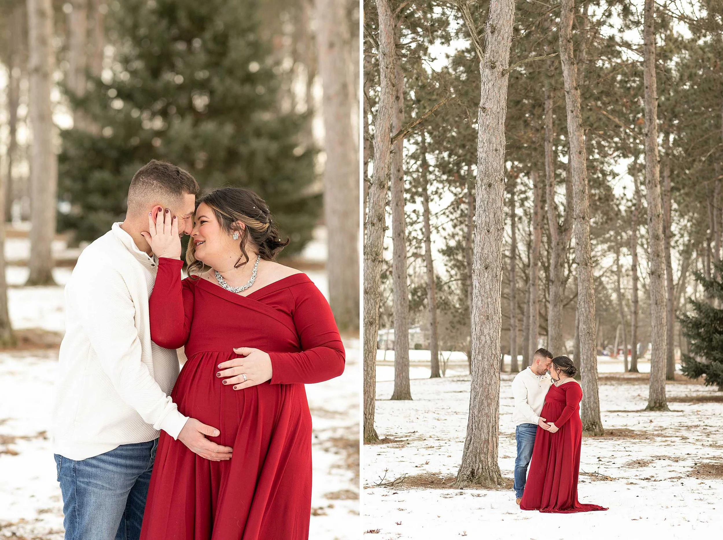Snowy winter maternity session at evergreen park in Lowell Indiana