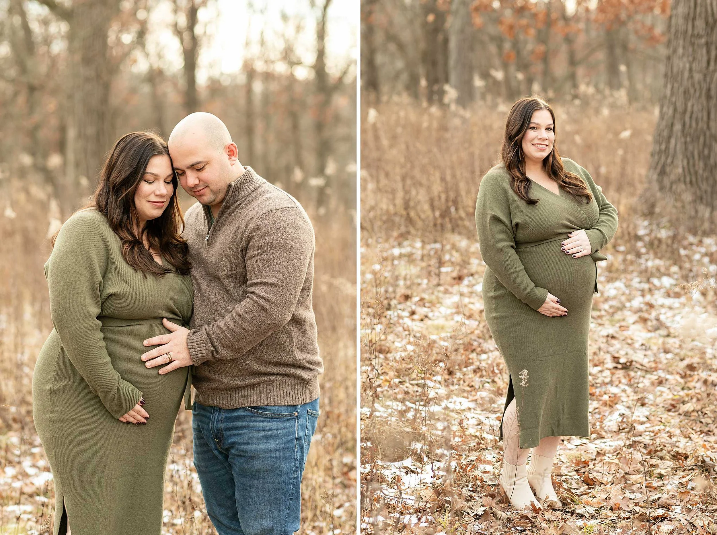Winter woods maternity session at Goodenow grove in Beecher illinois