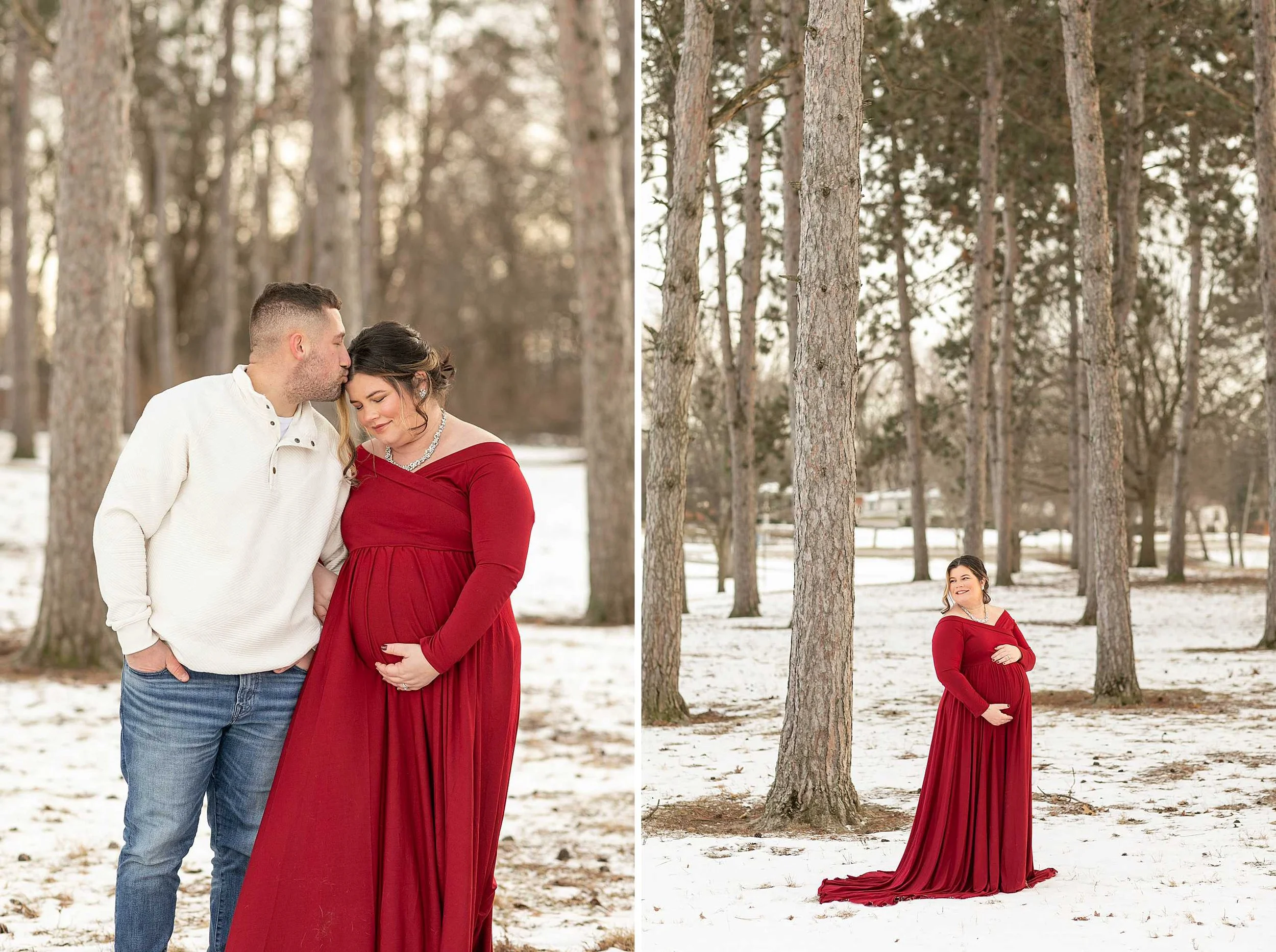 Snowy winter maternity session at evergreen park in Lowell Indiana