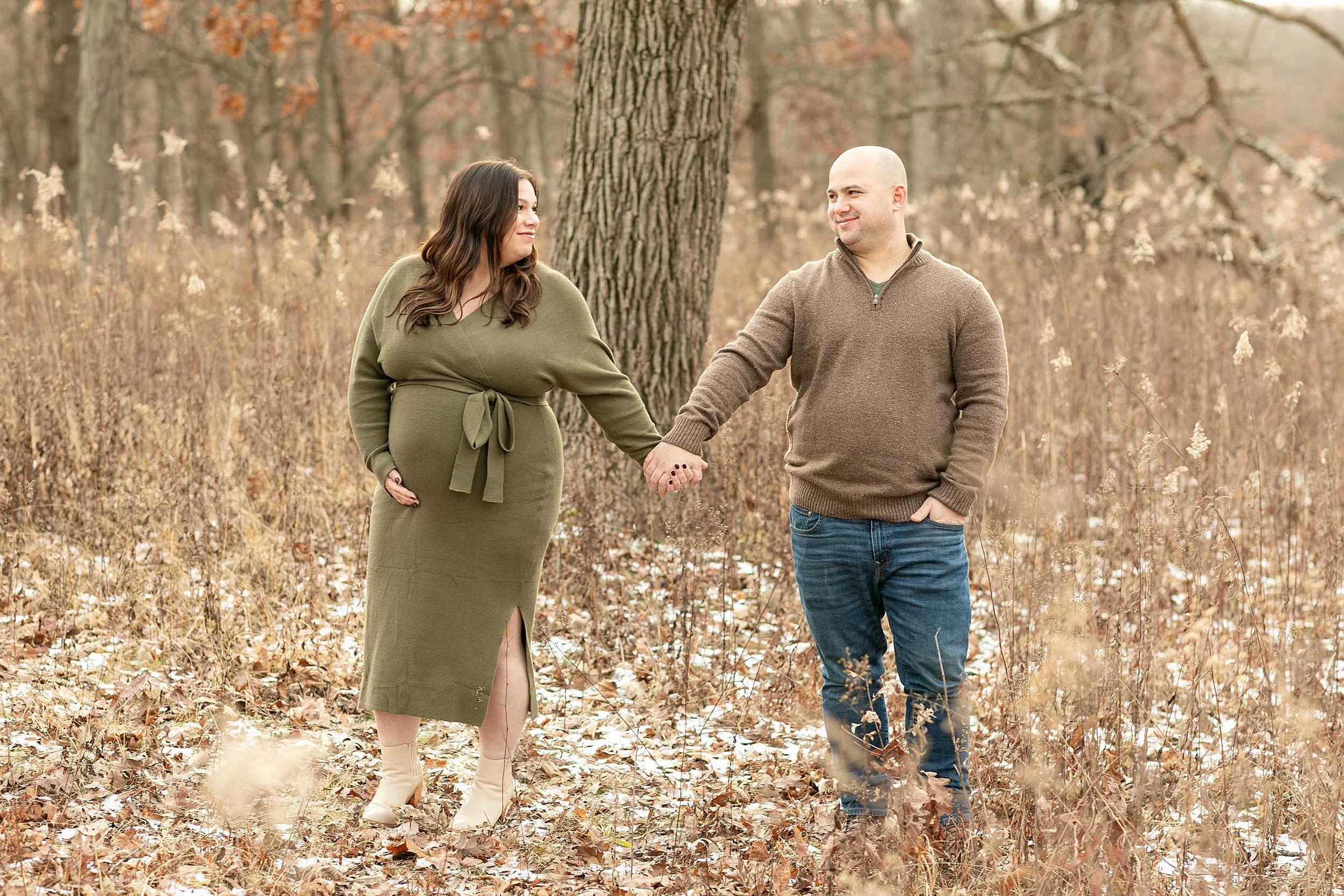 Winter woods maternity session at Goodenow grove in Beecher illinois