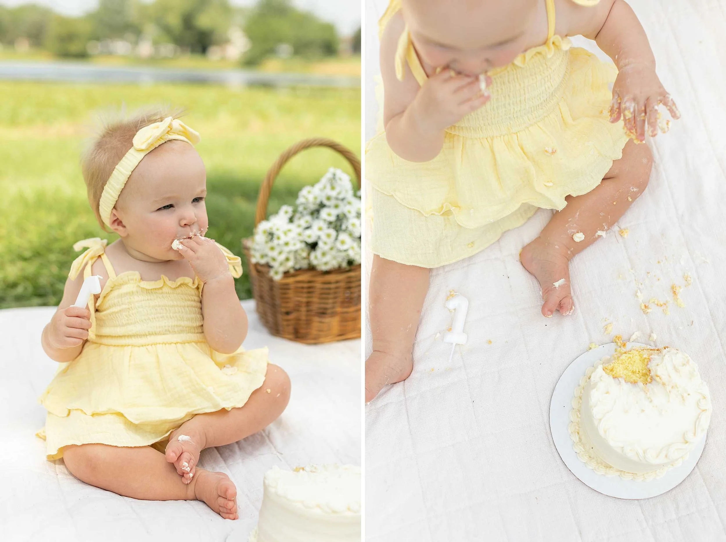 Butter yellow daisy first birthday cake smash Frankfort Illinois