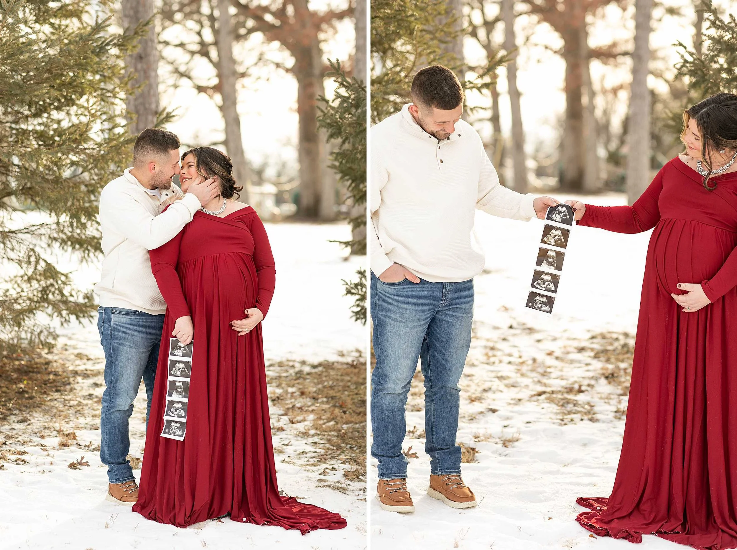 Snowy winter maternity session at evergreen park in Lowell Indiana