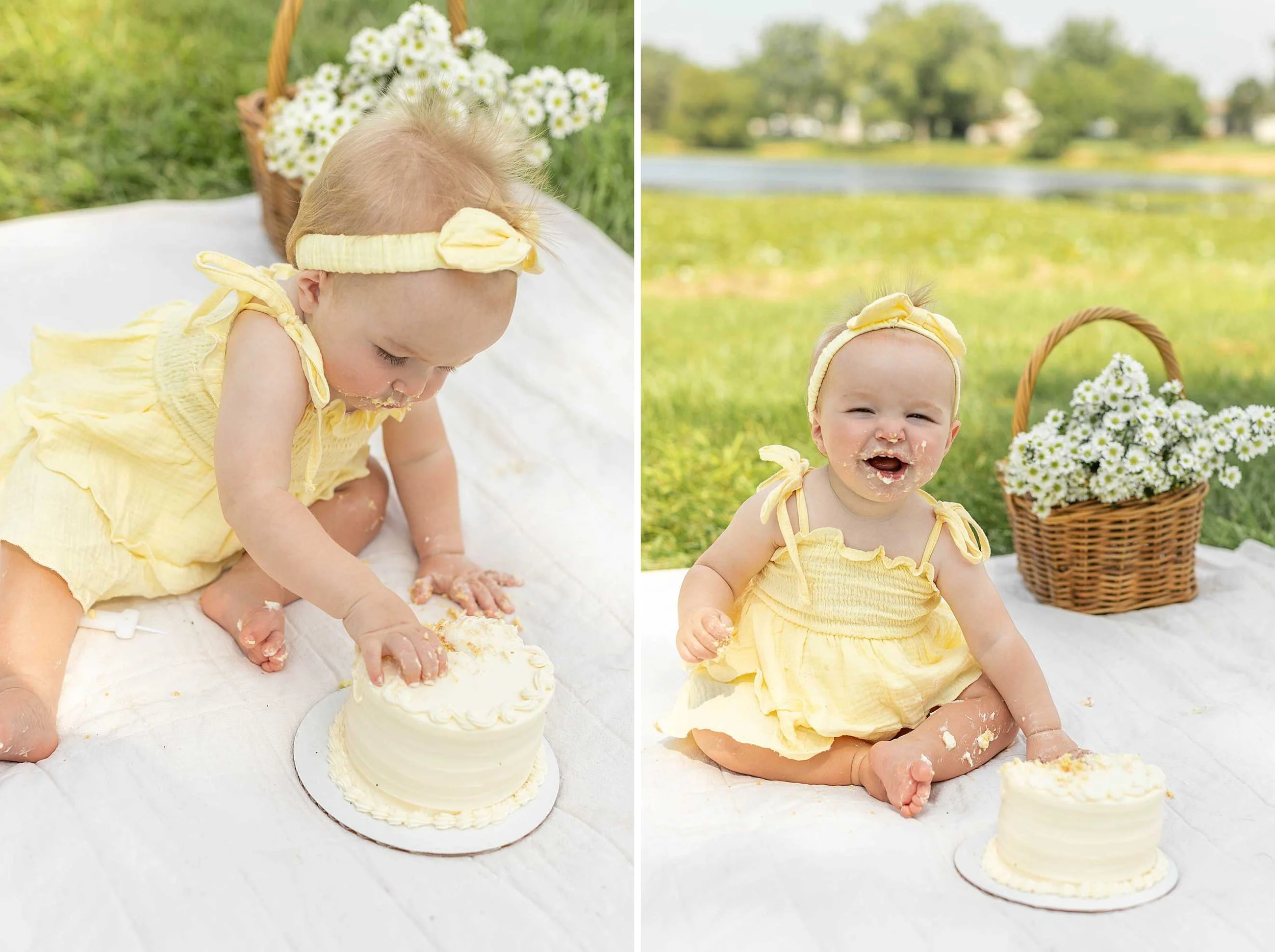 Butter yellow daisy first birthday cake smash Frankfort Illinois