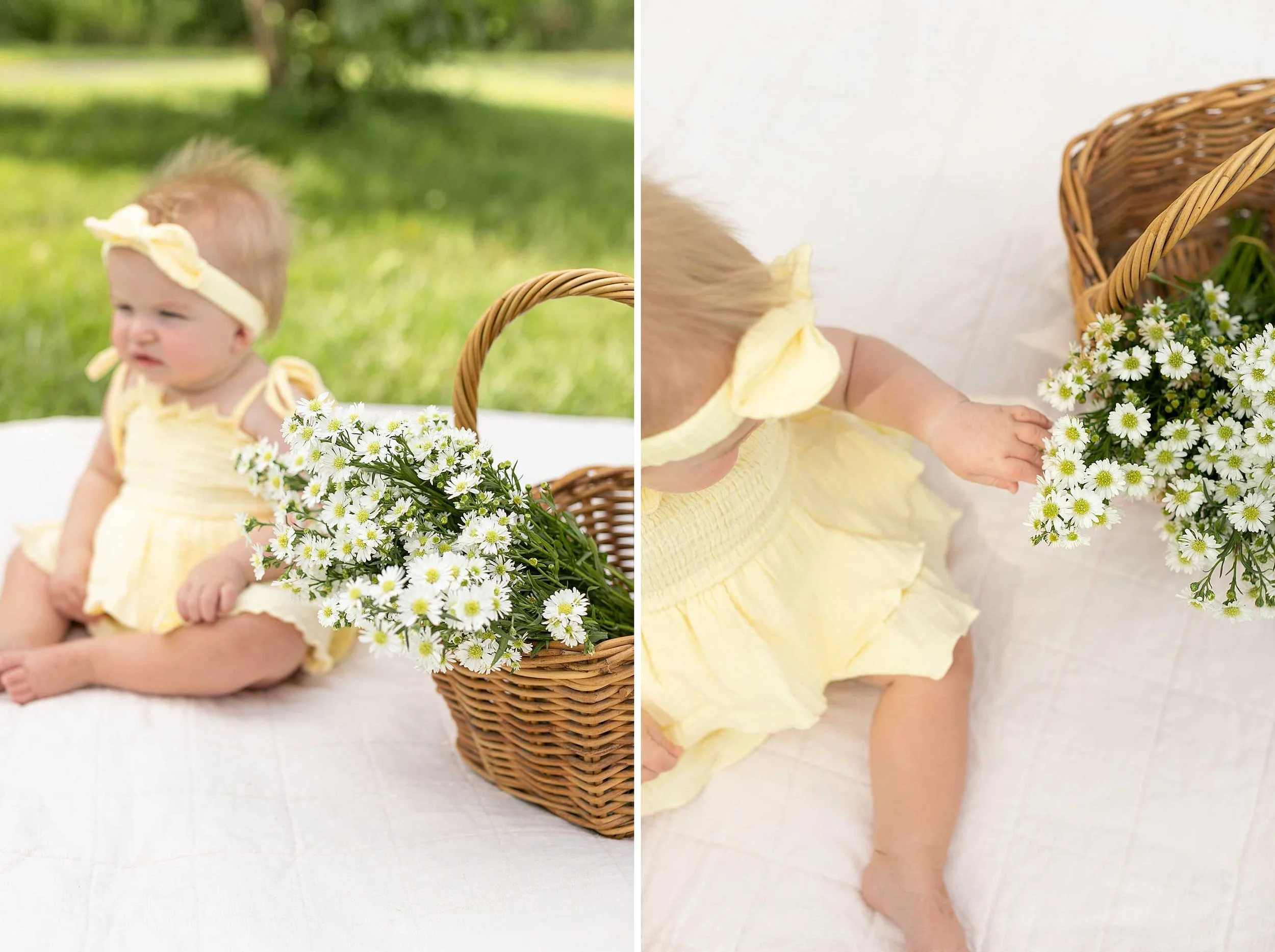 Butter yellow daisy first birthday cake smash Frankfort Illinois