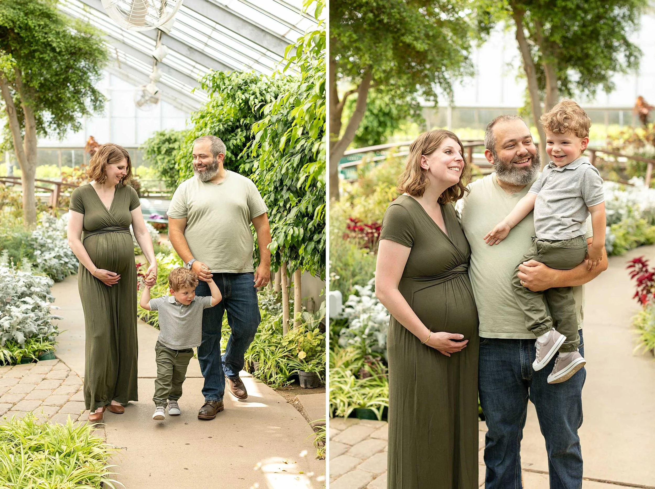 Bird haven greenhouse maternity family photos at pilcher park in joliet illinois