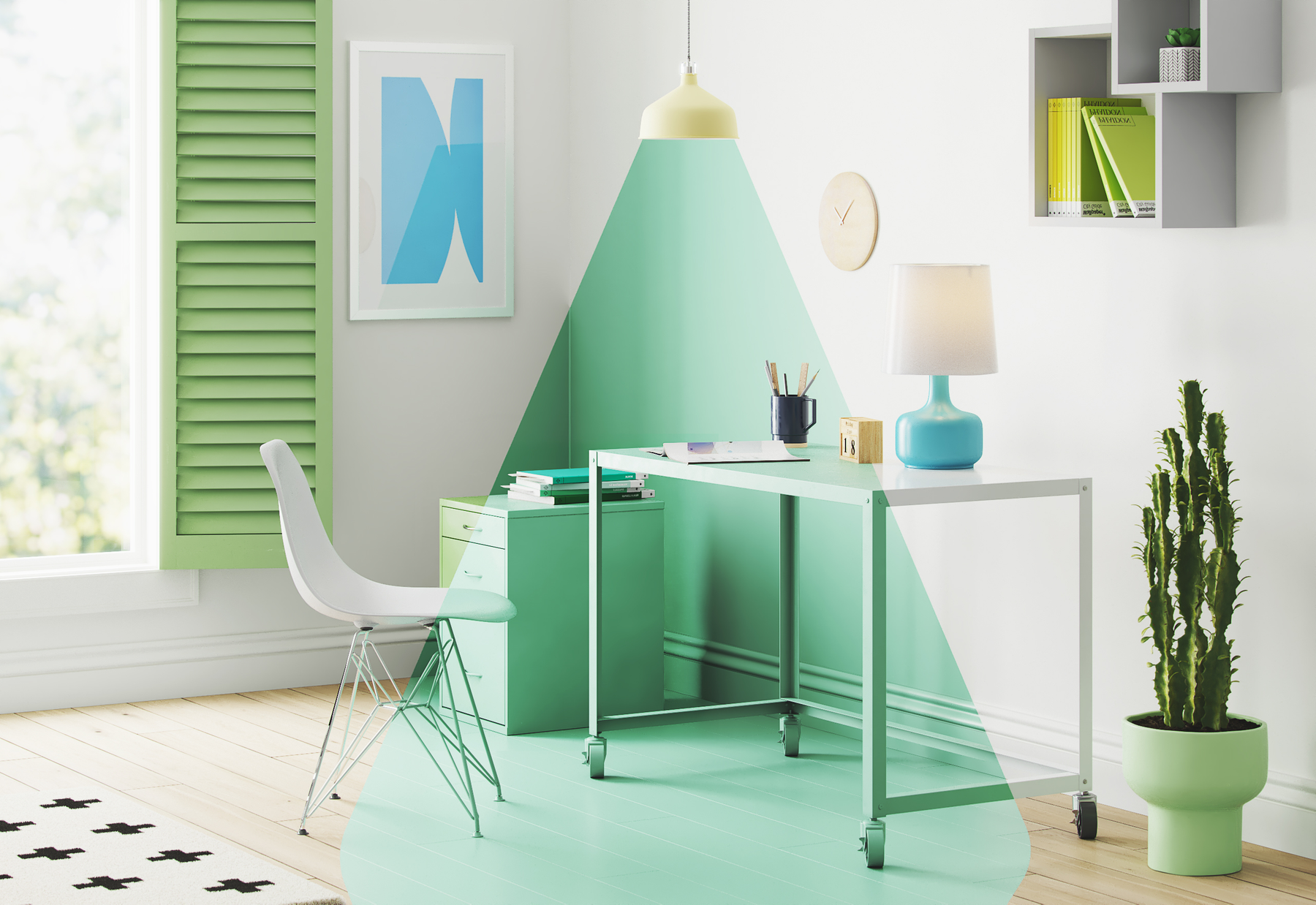 Bright home office with green and white color scheme, featuring a desk, white chair, small filing cabinet, potted cactus, artwork, clock, table lamp, and green window shutters.