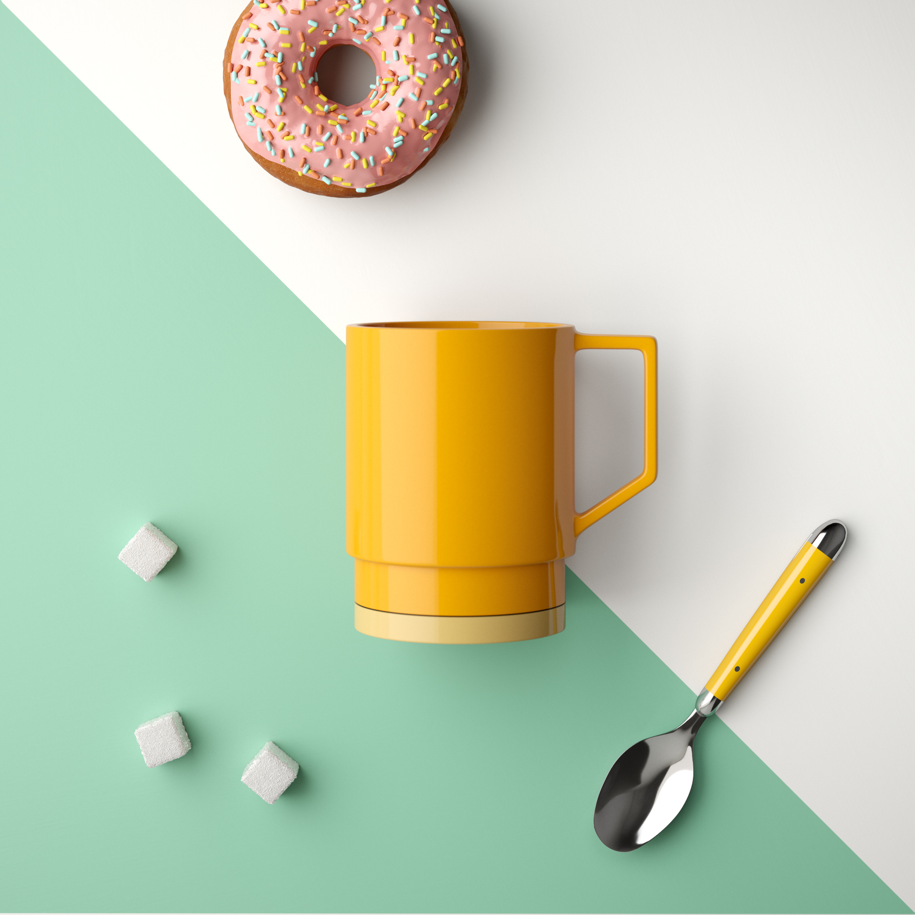 A yellow mug, a yellow and black spoon, three sugar cubes, and a pink donut with colorful sprinkles on a two-toned background divided diagonally between white and light green.