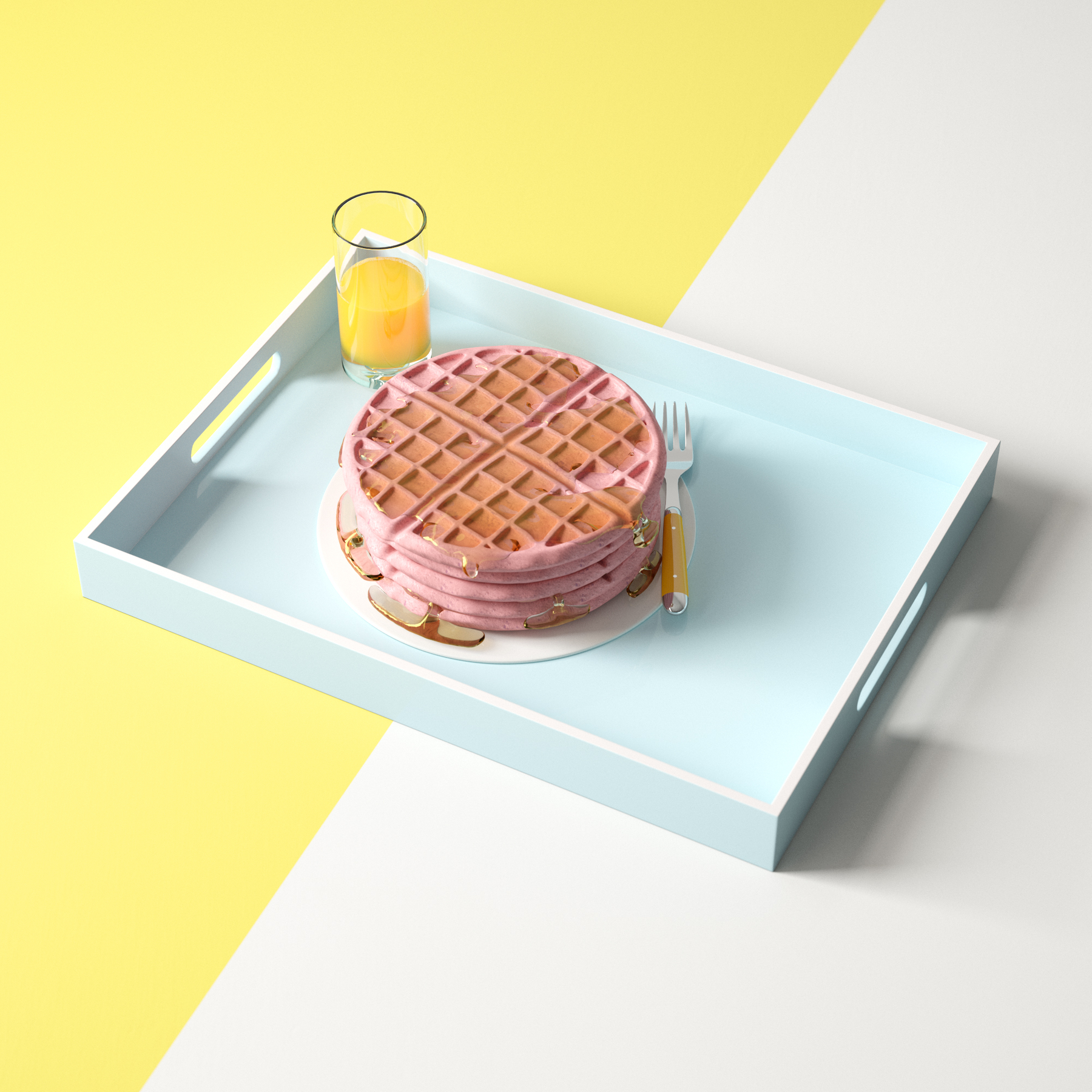 Stack of pink waffles with syrup on a white plate, a fork and knife beside it, a glass of orange juice and a cup of orange juice on a blue tray with a yellow and white background.
