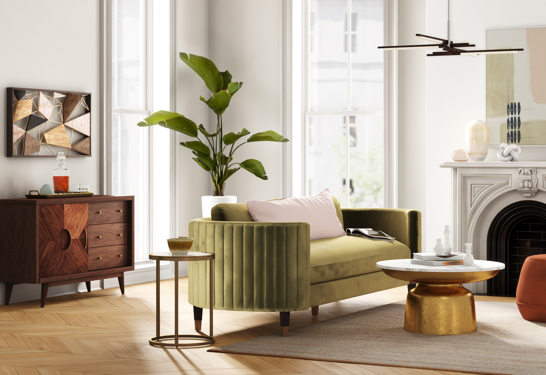 Bright living room with a green velvet sofa, white and gold accents, wooden furniture, and large windows letting in natural light.
