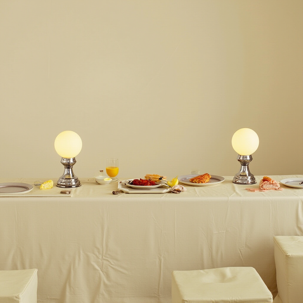 A breakfast buffet table with two round lamps, plates of food, a glass of orange juice, and eating utensils against a plain beige background.