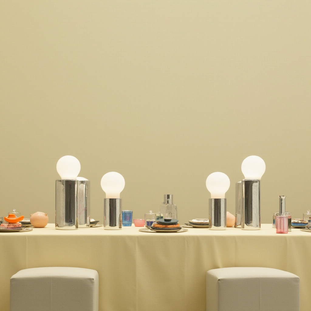 A table with a yellow tablecloth, decorated with four modern lamps with spherical bulbs and metallic bases, set against a plain beige wall.