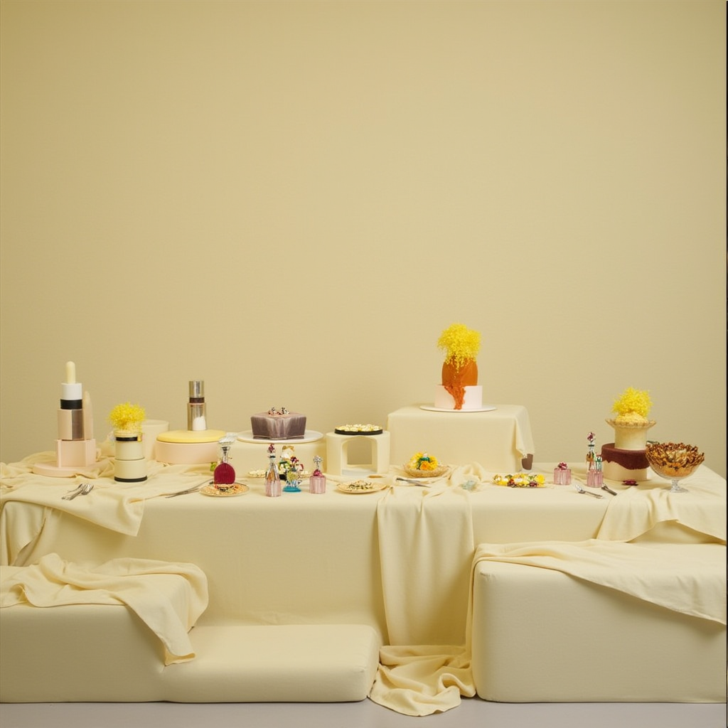 A table decorated with yellow and orange flowers, cakes, and desserts in a minimalistic setting with a plain beige background.