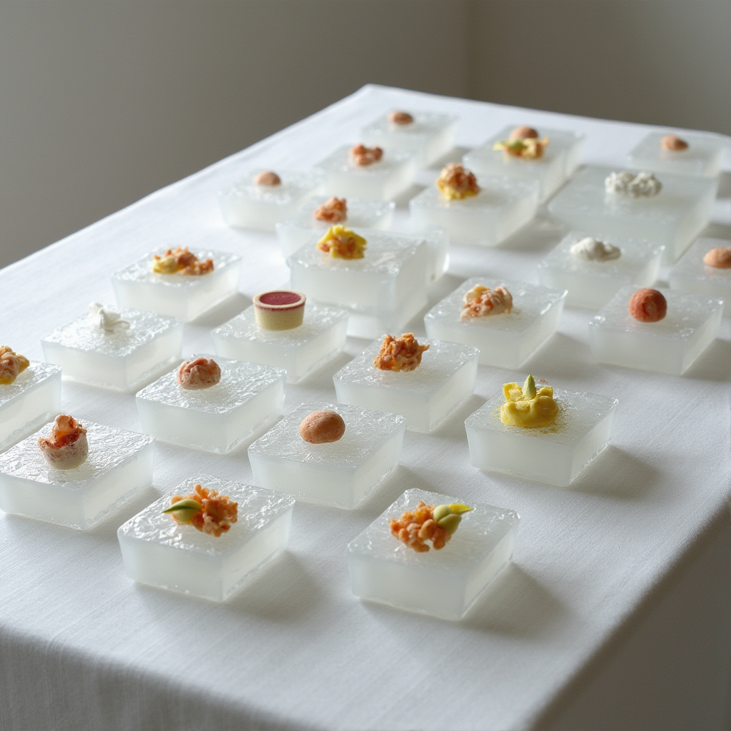 Assorted small food samples on clear square plates arranged on a white tablecloth.