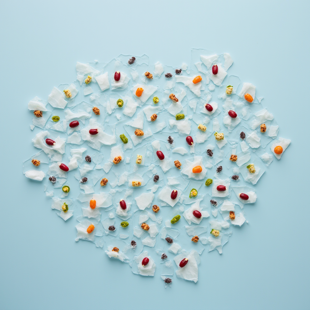 Assorted colorful jelly beans scattered on torn white paper pieces on a light blue background.