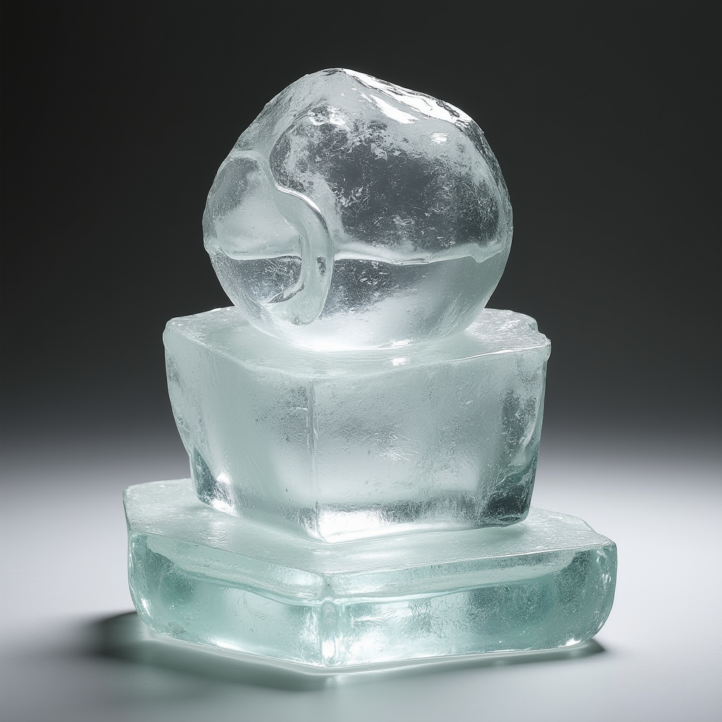 Ice sculpture composed of a spherical ice cube on top of two rectangular ice blocks against a dark background.