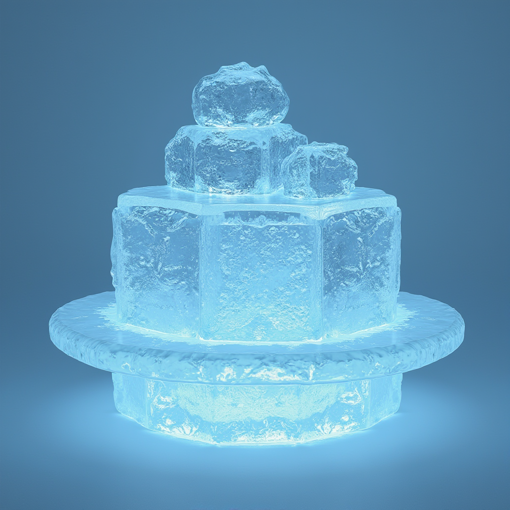 A multi-tiered ice sculpture resembling a fountain with illuminated blue tones.
