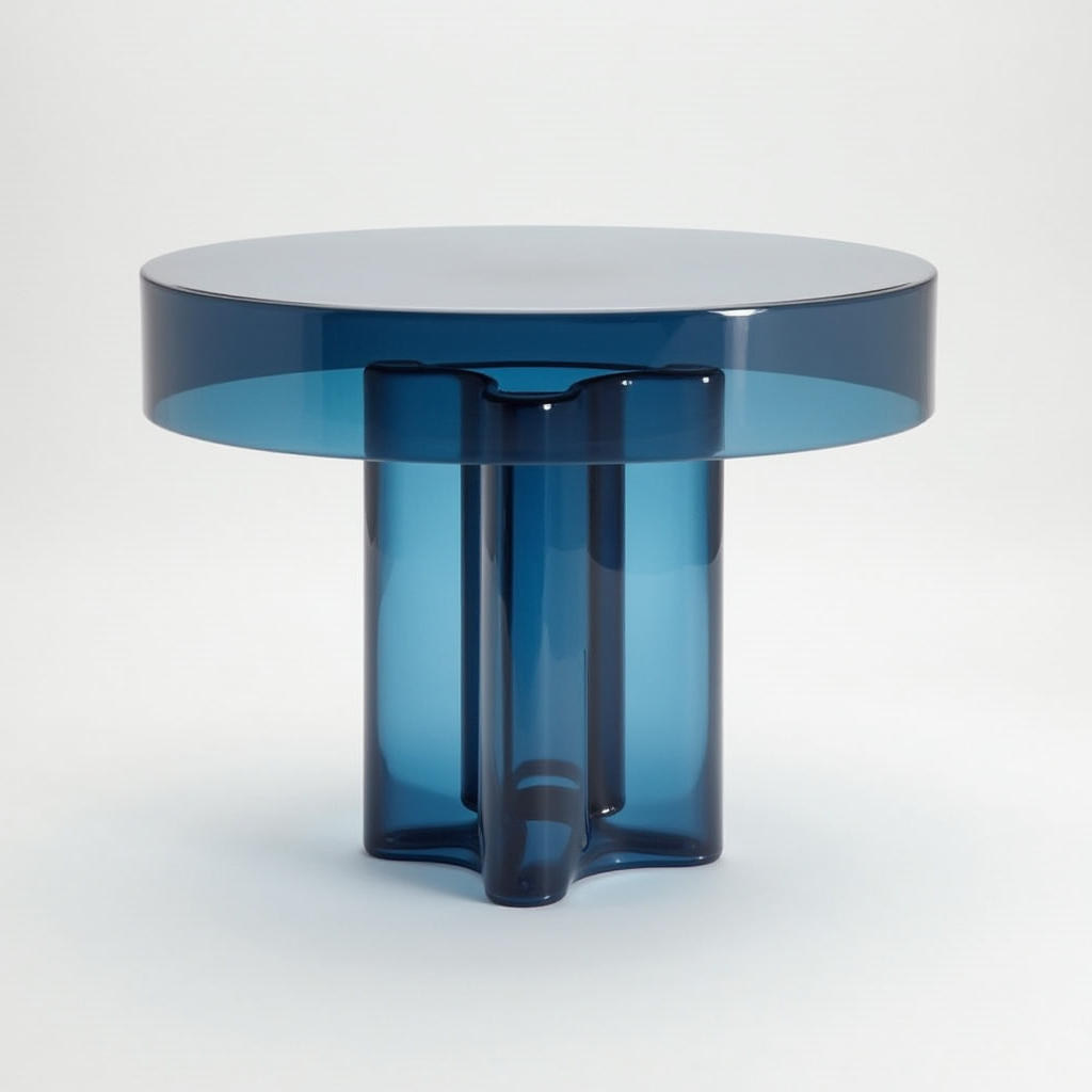 A modern blue glass table with a round top and a unique, sculptural base.
