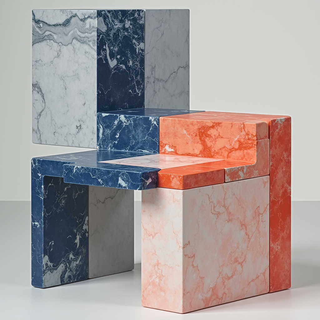 Artistic sculpture made of colorful marble blocks arranged in a pattern on a white surface with a plain white background.