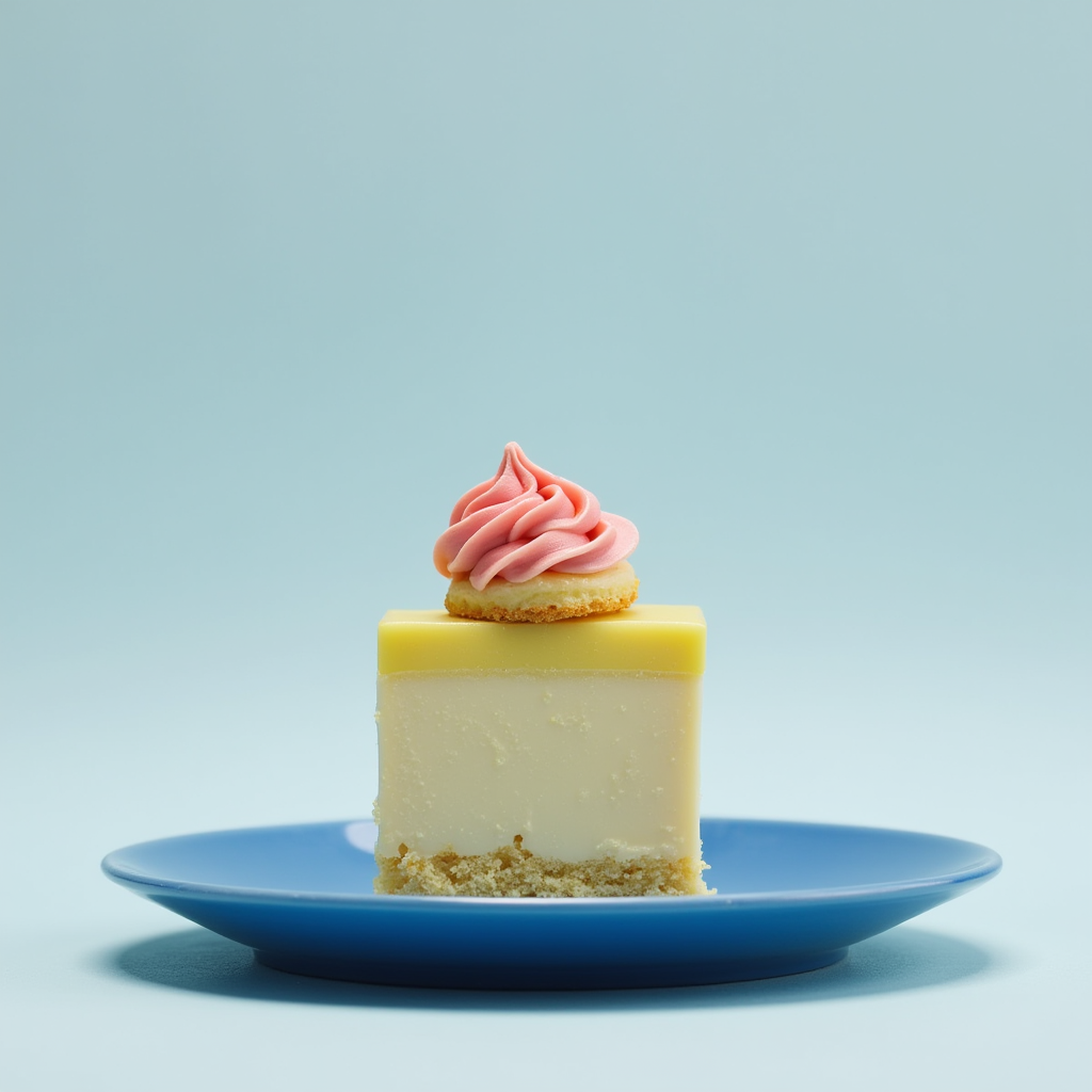A slice of cheesecake with a pink frosting topping on a blue plate against a light blue background.