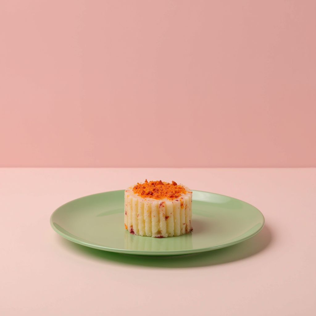 A dessert, possibly a cheesecake, with a crumbly topping on a green plate, against a pink background.