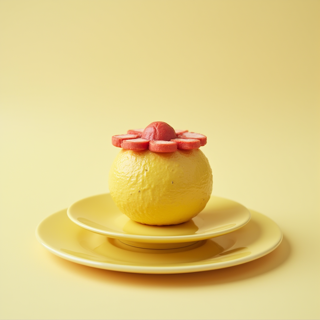A bright yellow lemon with a pink flower-shaped decoration on top, placed on a matching yellow plate, set against a yellow background.