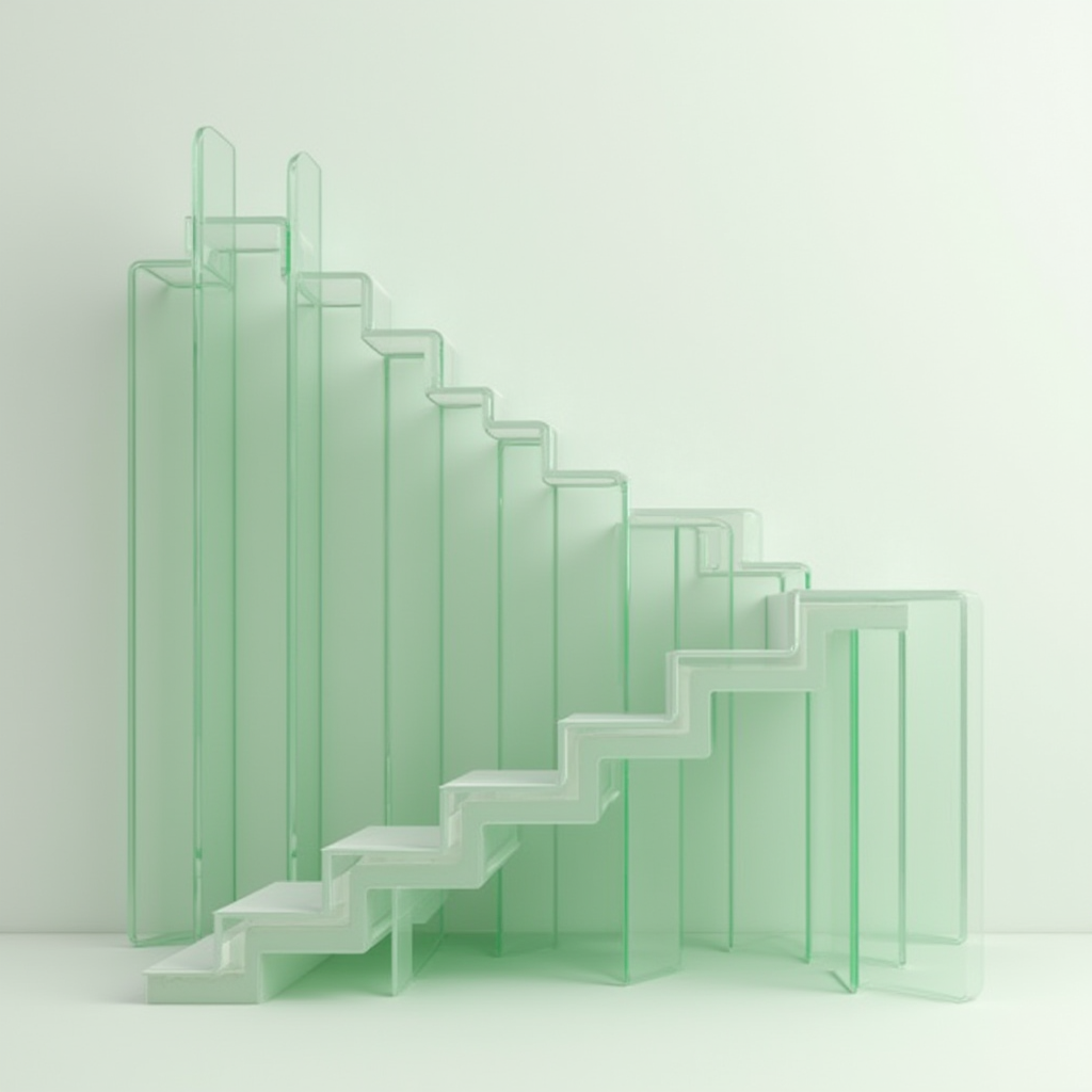 Modern art installation featuring translucent green and white geometric stairs and panels arranged in an abstract pattern.