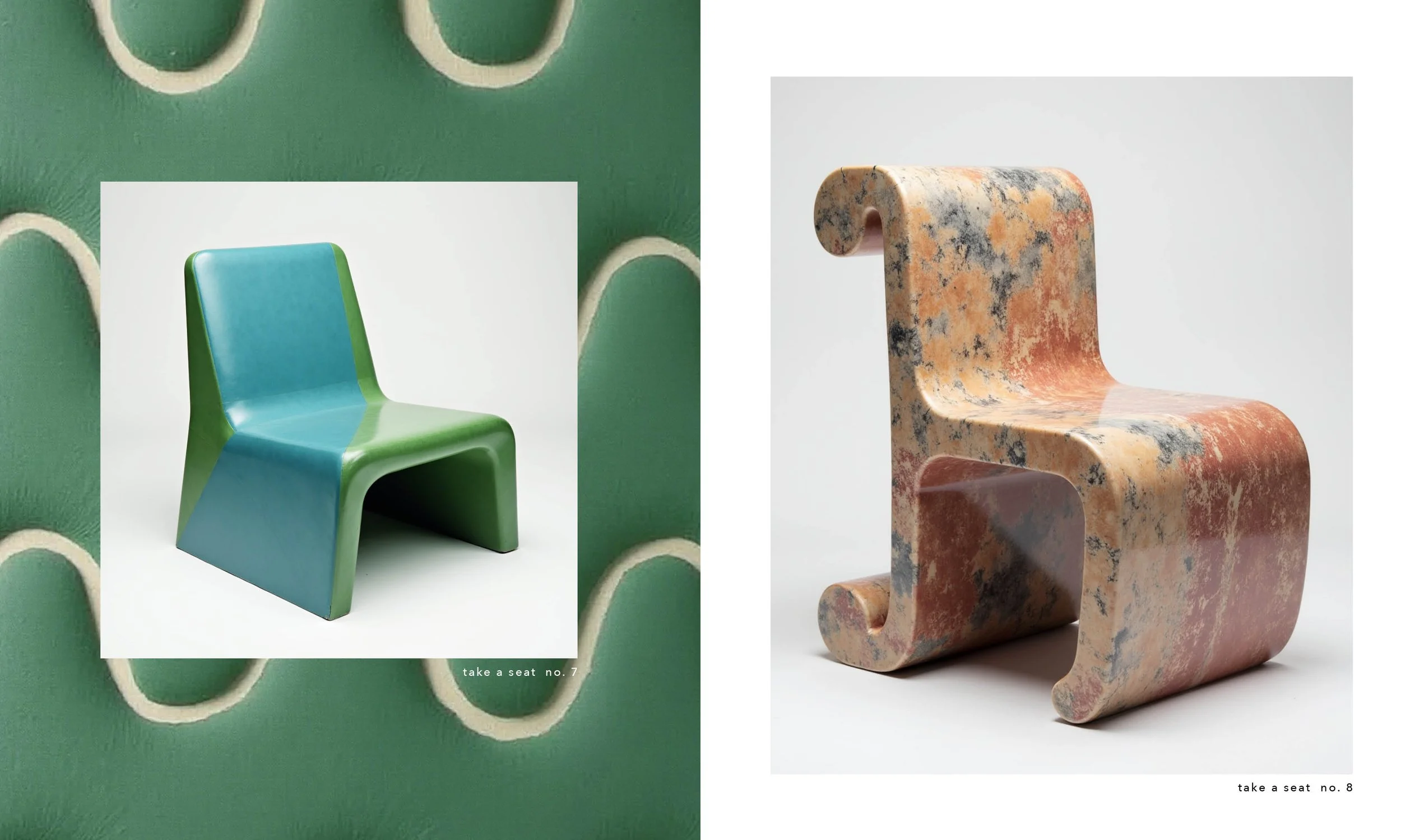 Two modern chairs; the left chair is green and blue with a sleek design, and the right chair has a distressed, rustic look with a curved, layered form.