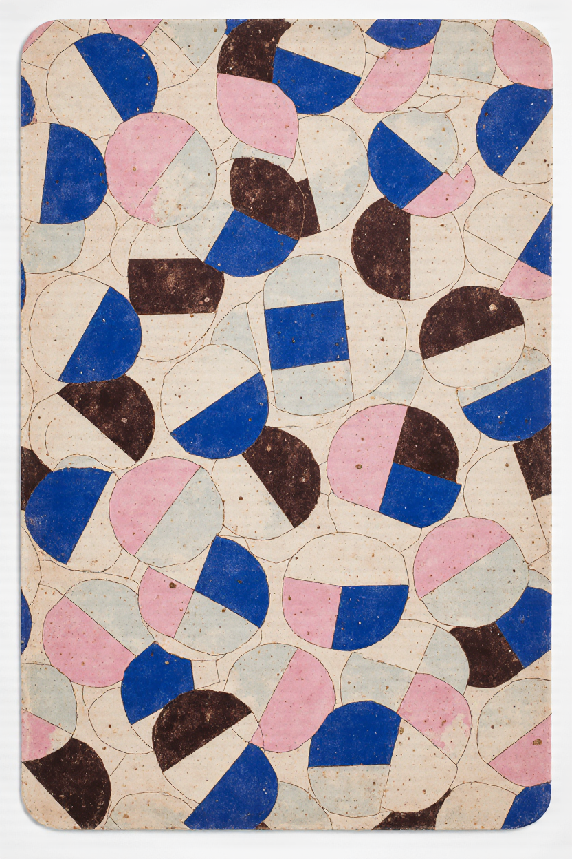 A mosaic tile design featuring overlapping circular shapes filled with pink, blue, light gray, and black colors, with thin intersecting lines outlining each shape.