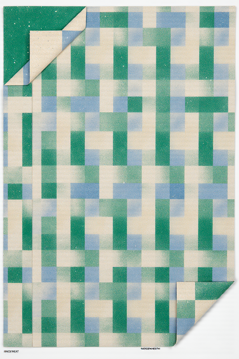 A piece of patterned paper with a geometric design of green, blue, and cream-colored squares and rectangles, with the top left corner folded over.