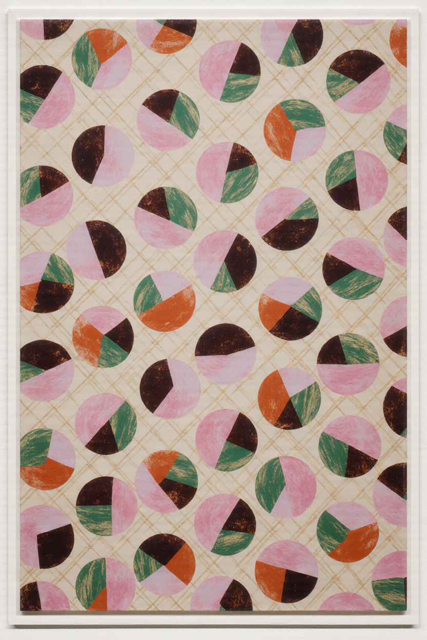 Pattern of colorful overlapping circles with pink, green, orange, and dark brown sections on a tan background with intersecting thin beige lines.