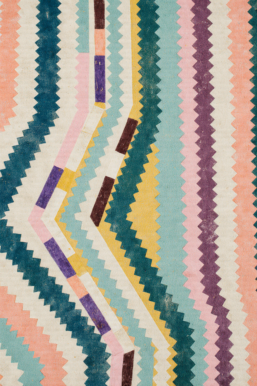 Close-up of a colorful, zigzag patterned fabric or textile with pastel colors and some stripes.