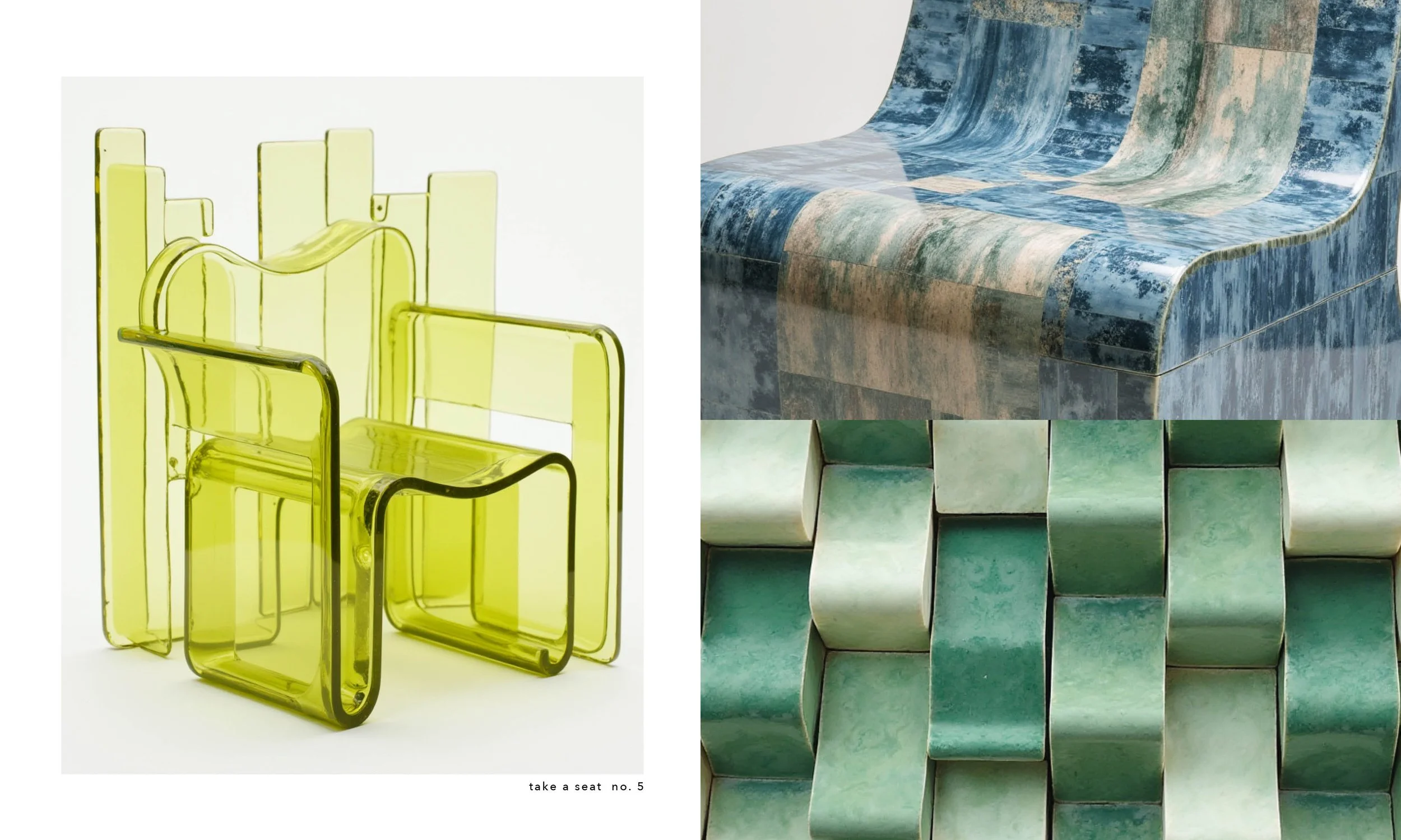 A collage of furniture and design objects including a cluster of translucent yellow acrylic chairs, a blue marbled curved bench, and a set of green textured cube-shaped stools.