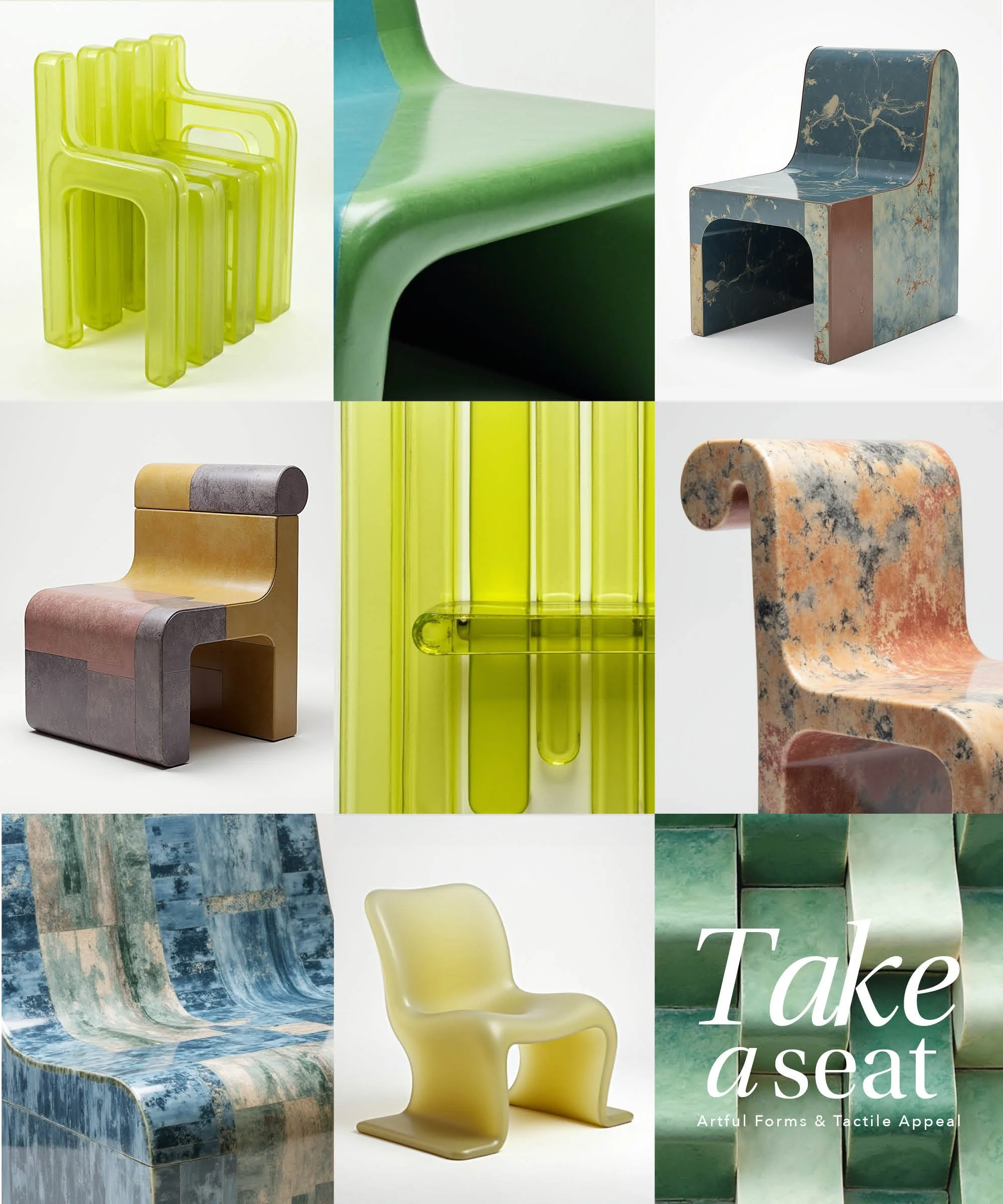 A collage of various modern chairs with different colors, textures, and designs, with text overlay that says 'Take a seat: Artful Forms & Tactile Appeal.'