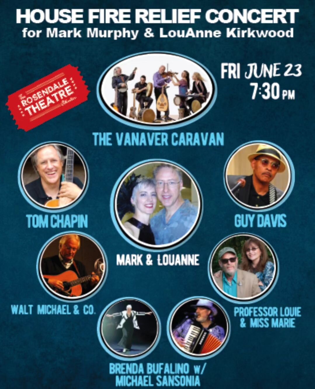 Vanaver Caravan Presents: House Fire Benefit Concert for LouAnne Kirkwood and Mark Murphy

Fri, Jun 23,

7:30 pm

By Donation,&nbsp;Friday, June 23, 7:30 PM

What happens when Tom Chapin, Guy Davis, Professor Louie &amp; Miss Marie, Walt Michael &amp