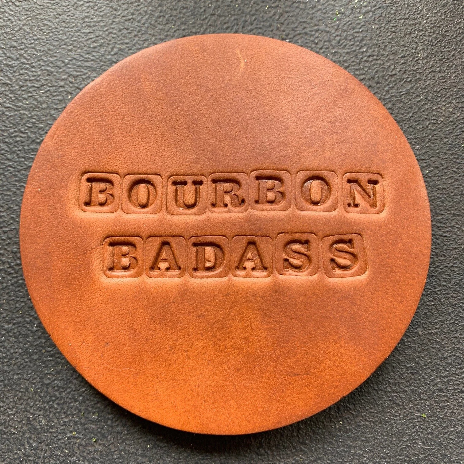 Leather "BOURBON BADASS" Coaster Red Tree Bramble Furniture, offering